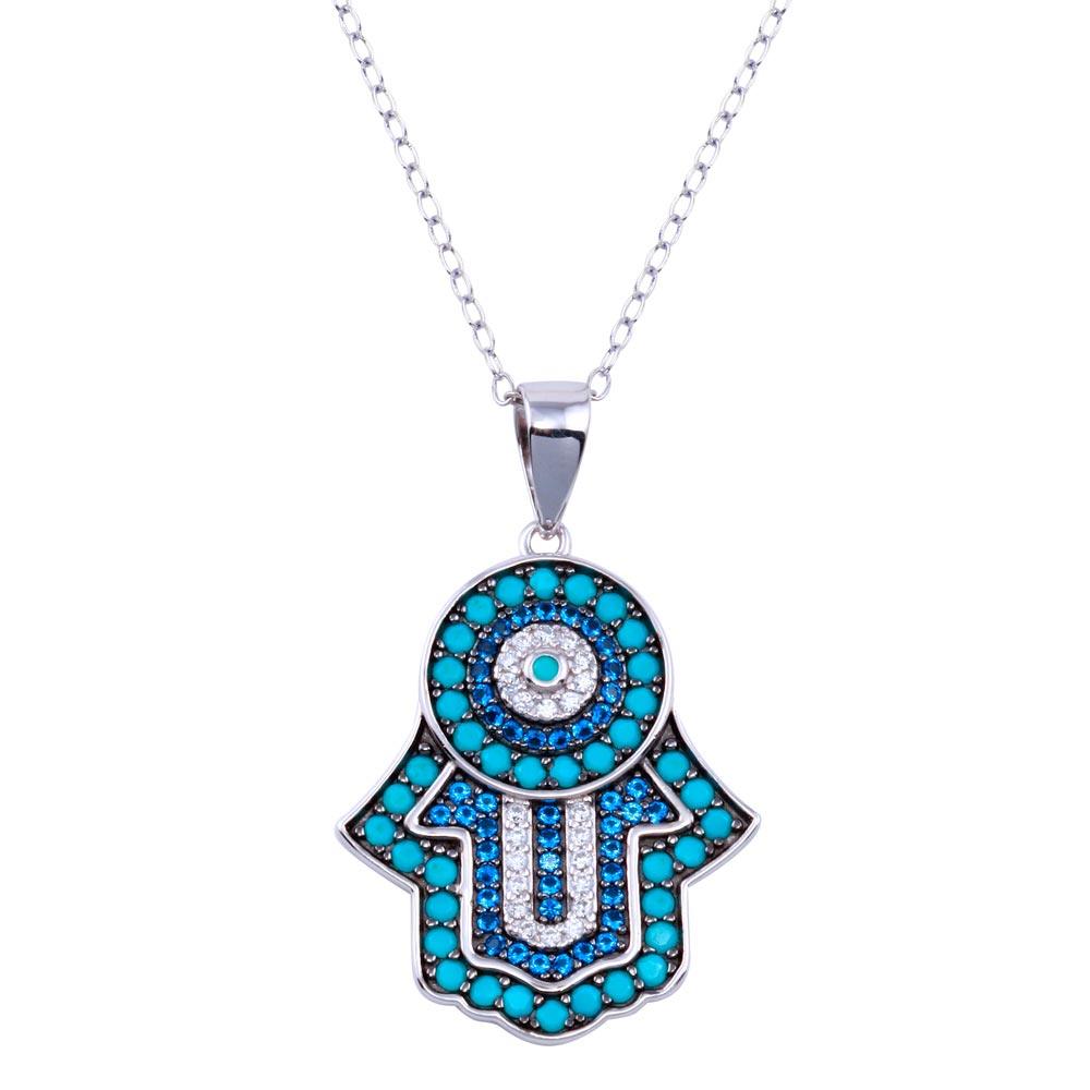 Rhodium Plated 925 Sterling Silver Turquoise Hamsa Clear and Blue CZ Necklace - BGP01427