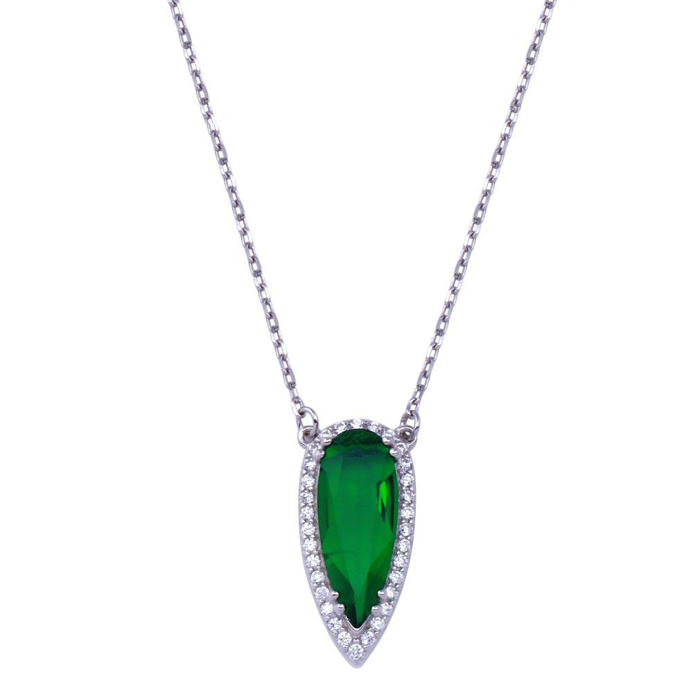 Rhodium Plated 925 Sterling Silver Teardrop Green and Clear CZ Necklace - BGP01428