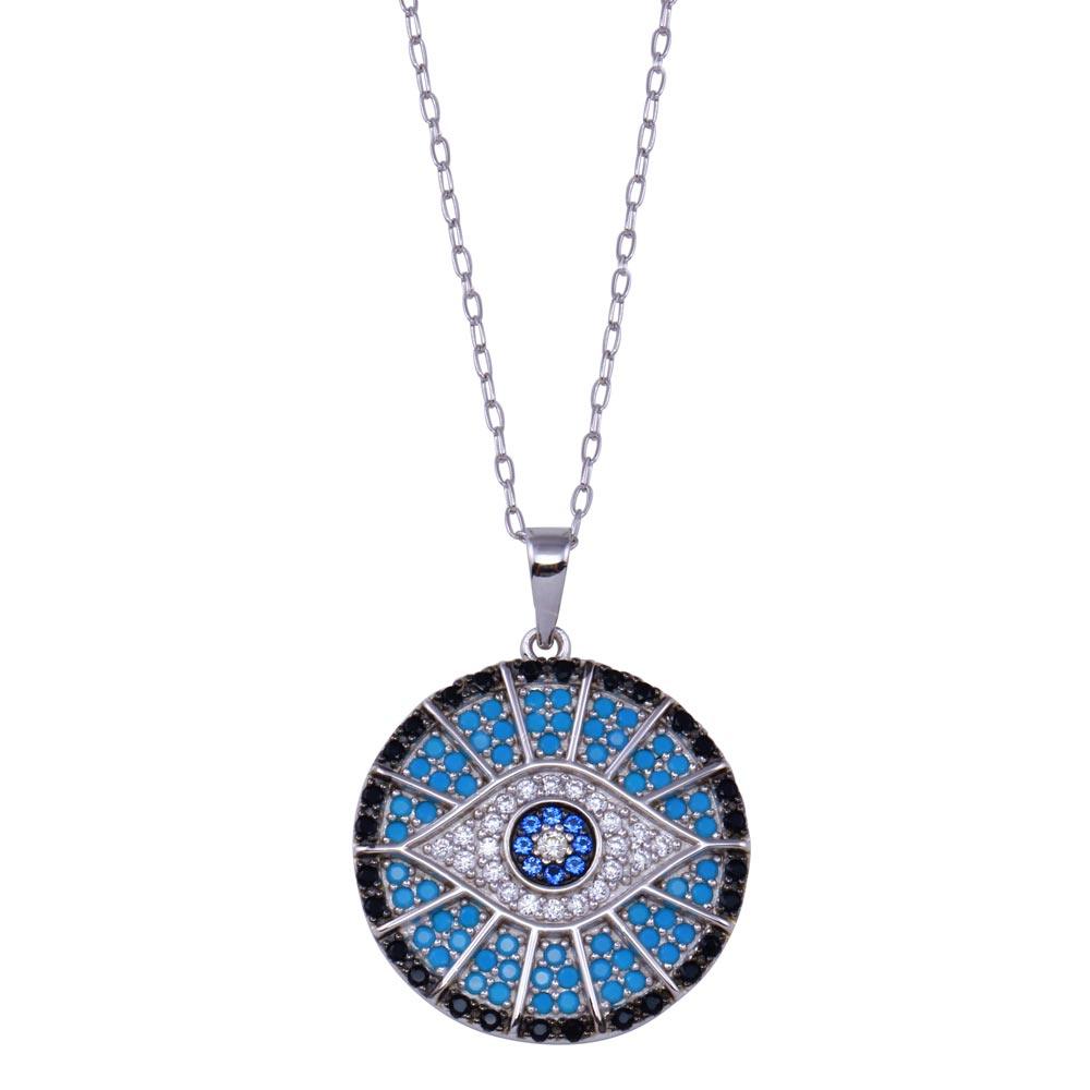 Rhodium Plated 925 Sterling Silver Round Evil Eye CZ Necklace - BGP01430