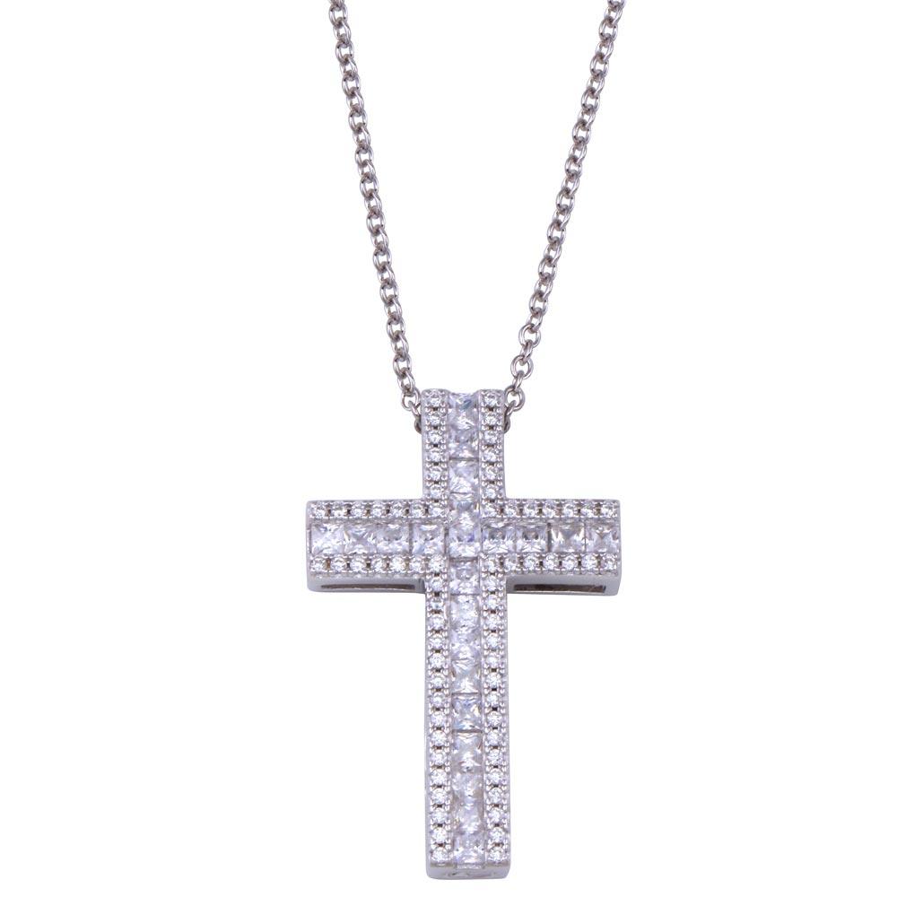 Rhodium Plated 925 Sterling Silver Cross CZ Necklace - BGP01432