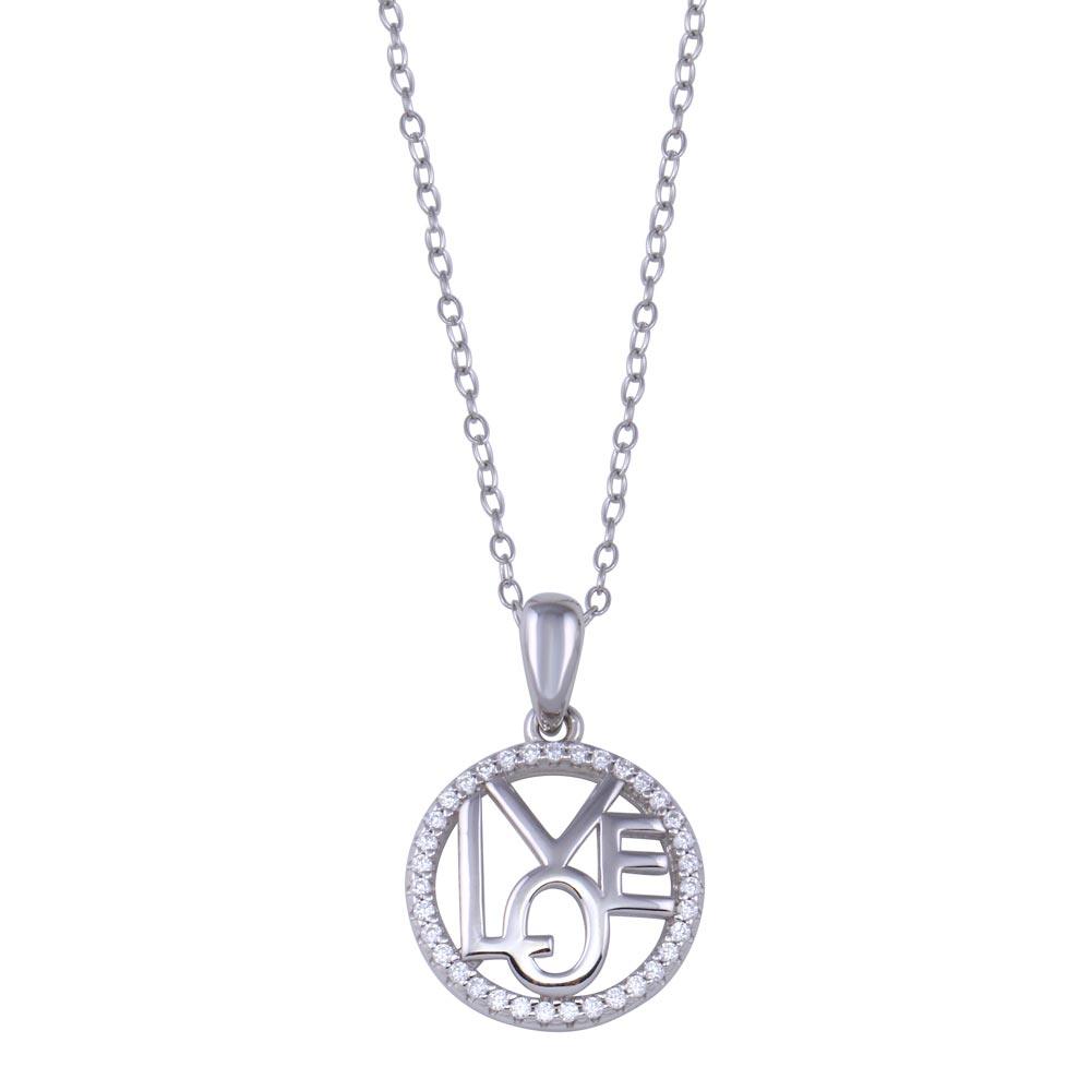 Rhodium Plated 925 Sterling Silver Round Love Clear CZ Necklace - BGP01433