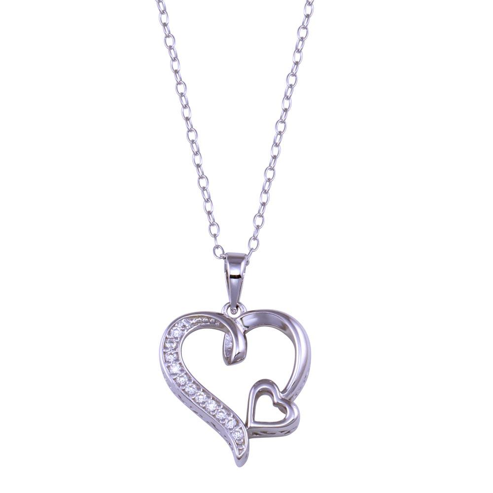 Rhodium Plated 925 Sterling Silver Double Heart CZ Necklace - BGP01435