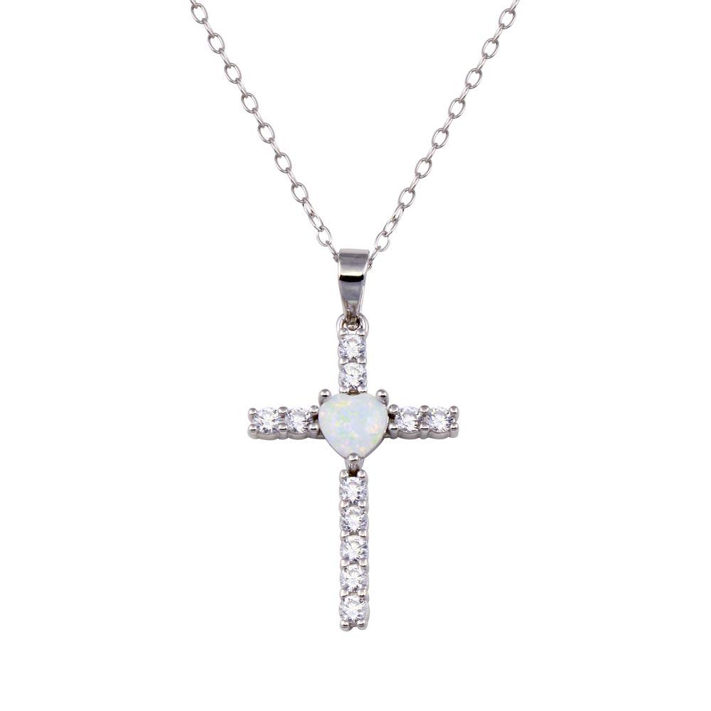 Rhodium Plated 925 Sterling Silver Cross Heart Opal Clear CZ Necklace - BGP01438