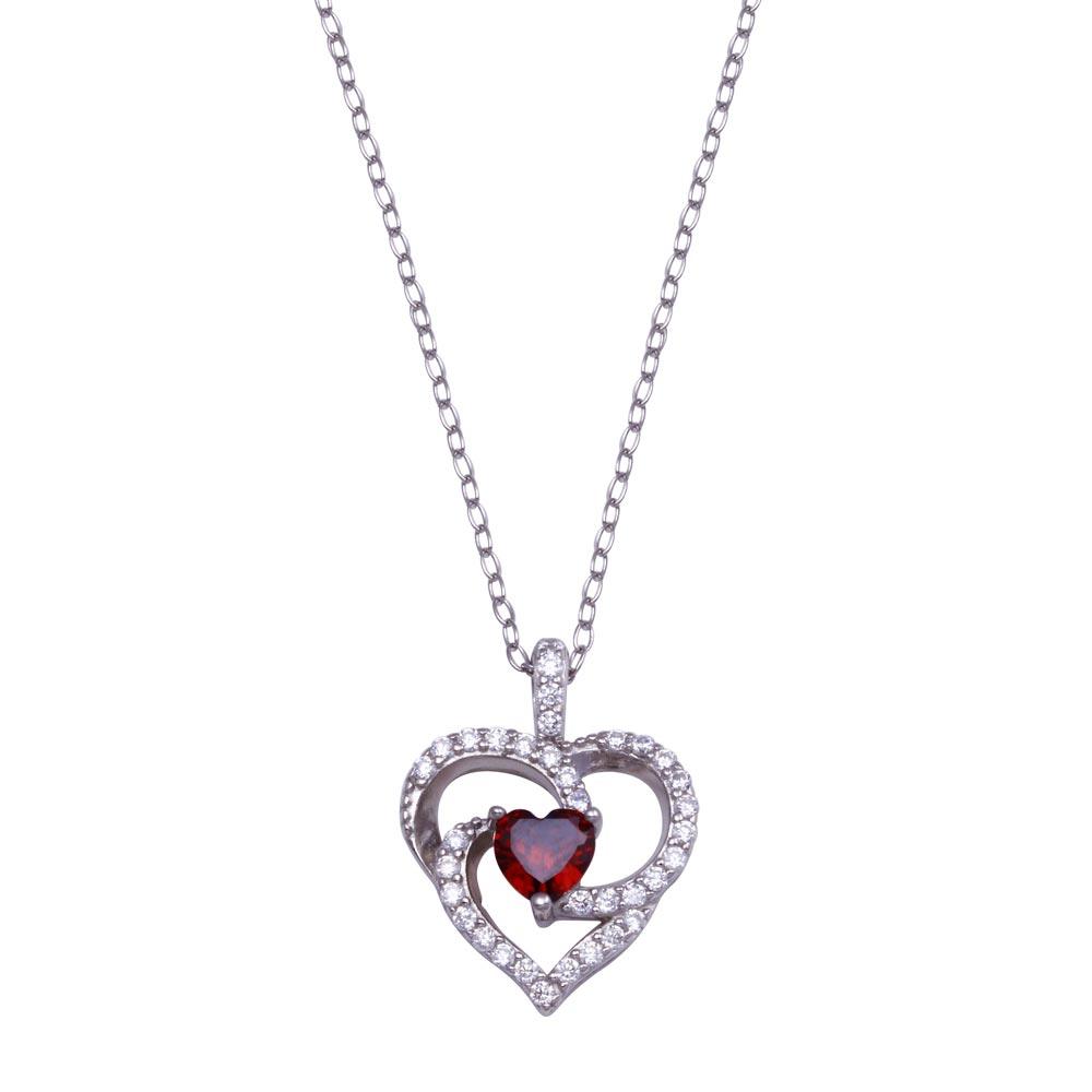 Rhodium Plated 925 Sterling Silver Clear and Red  Heart Necklace - BGP01439