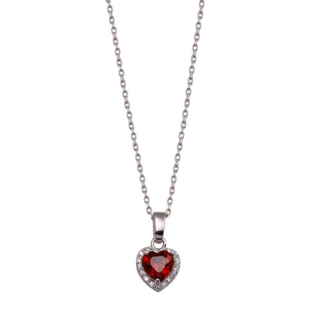 Rhodium Plated 925 Sterling Silver Red Halo Heart Necklace - BGP01441