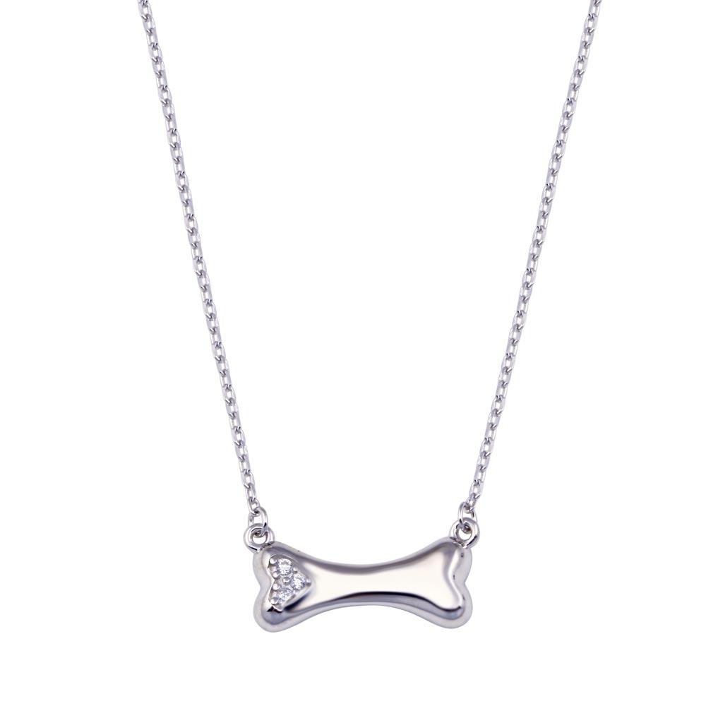 Rhodium Plated 925 Sterling Silver Dog Bone CZ Necklace - BGP01443