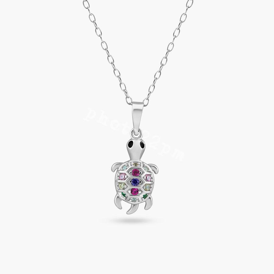 Rhodium Plated 925 Sterling Silver Clear Multi Color CZ Turtle Pendant Necklace - BGP01450