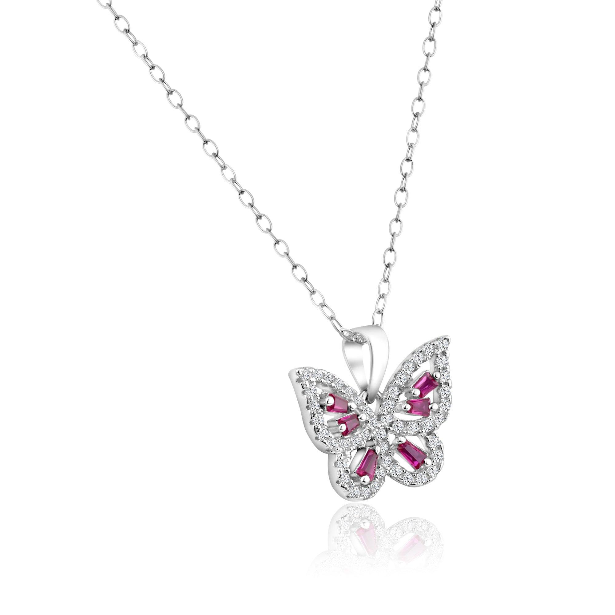 Rhodium Plated 925 Sterling Silver Clear and Red CZ Butterfly Pendant Necklace - BGP01453