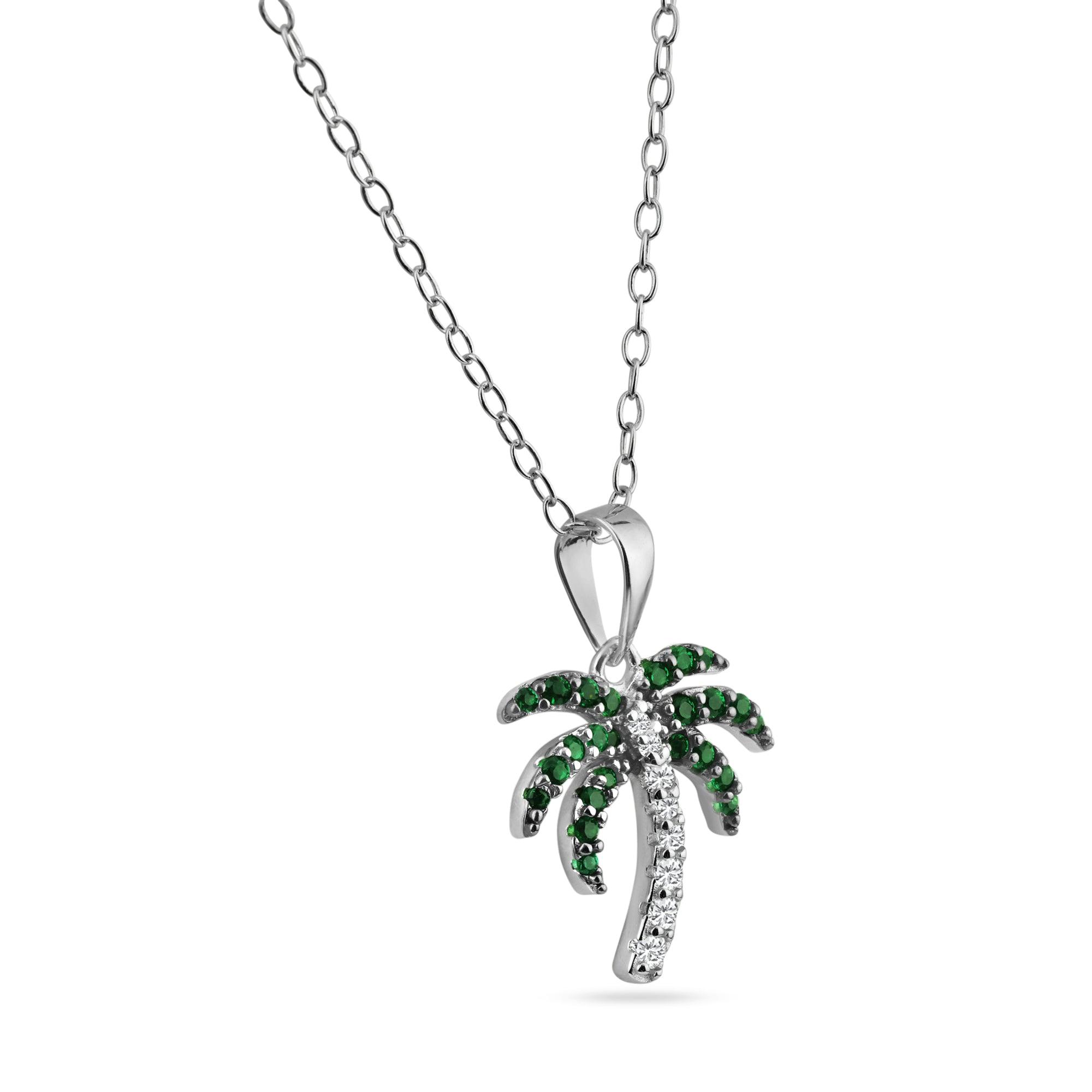 Rhodium Plated 925 Sterling Silver Green and Clear Palm Tree Pendant Necklace - BGP01456