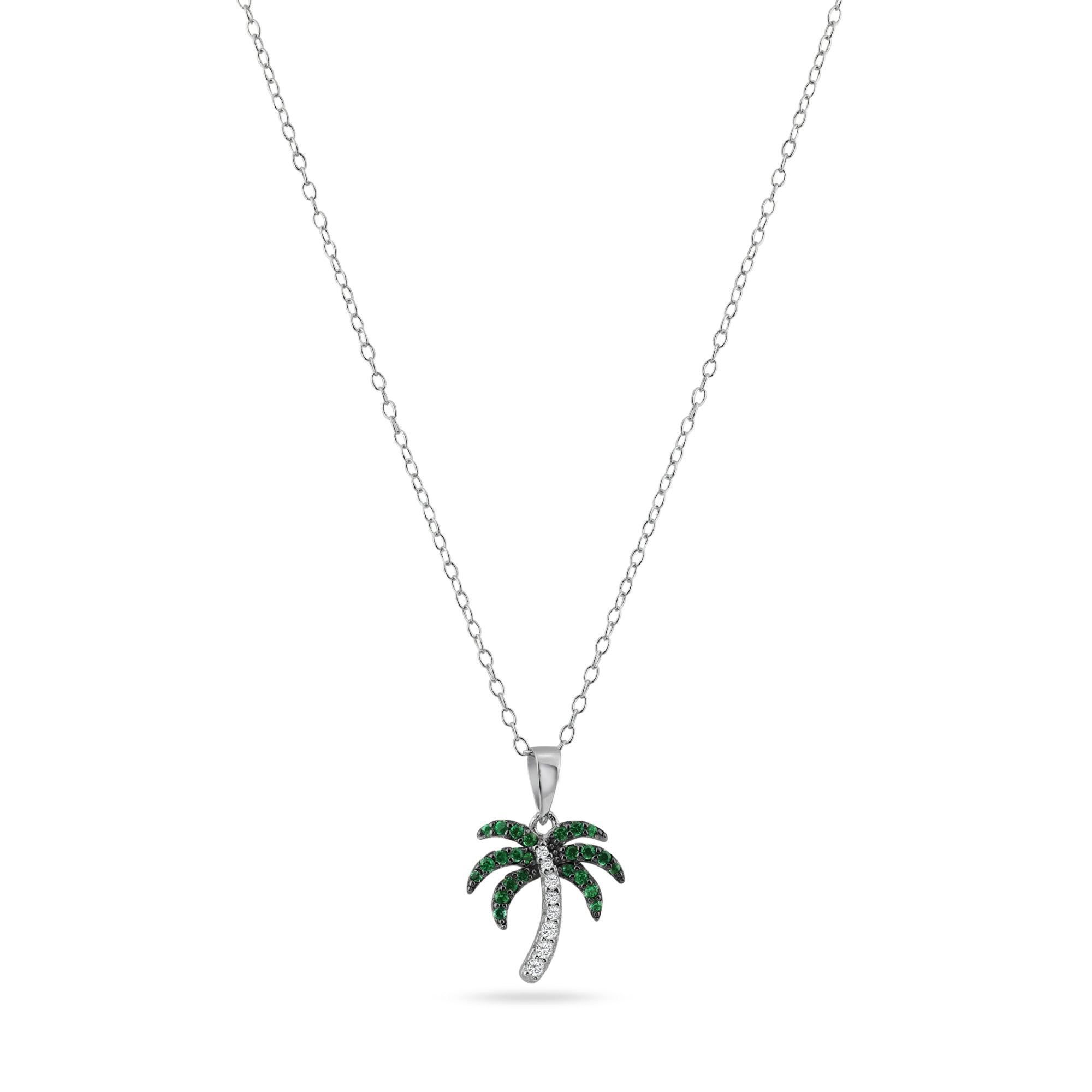 Rhodium Plated 925 Sterling Silver Green and Clear Palm Tree Pendant Necklace - BGP01456