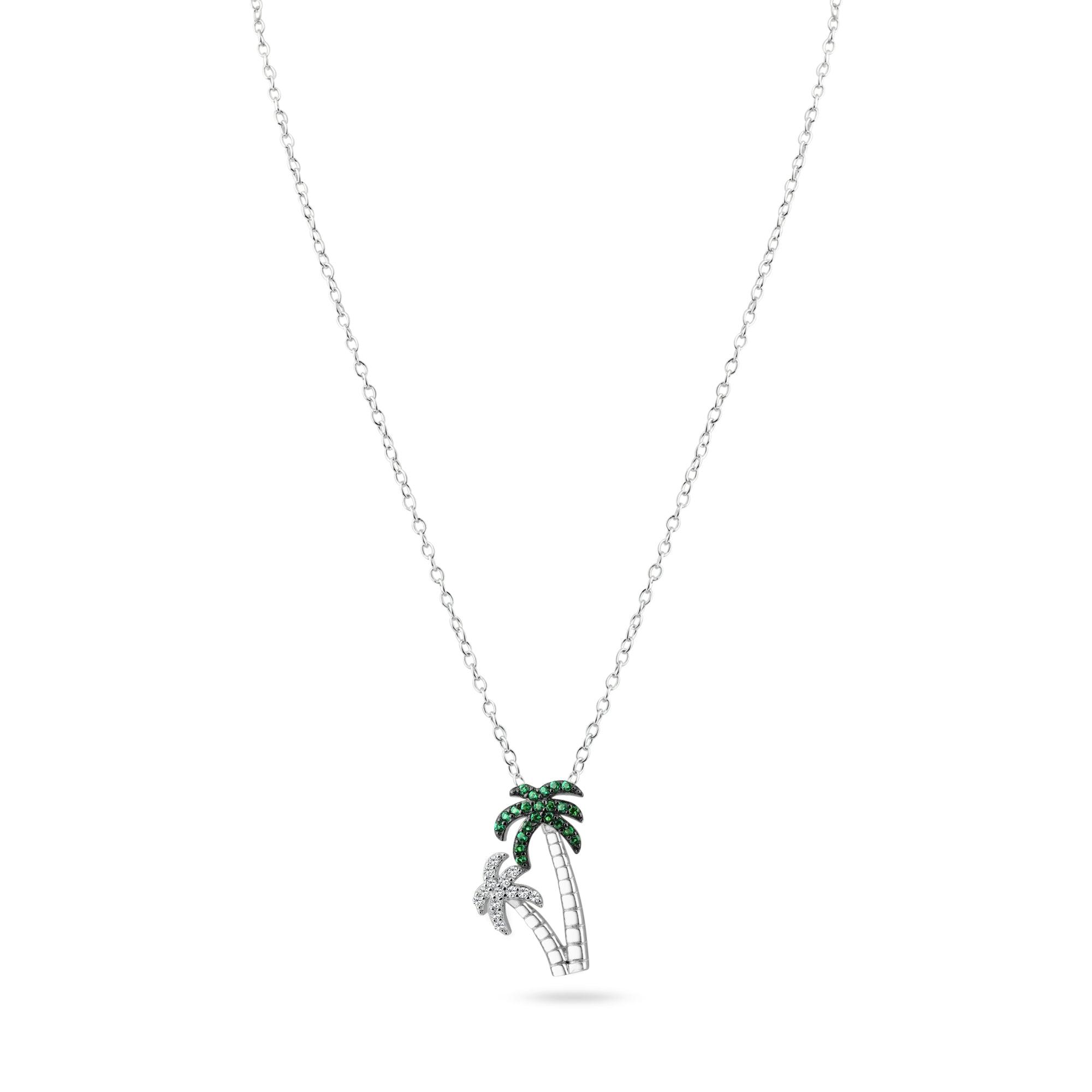 Rhodium Plated 925 Sterling Silver Green and Clear Two Palm Tree Pendant Necklace - BGP01458