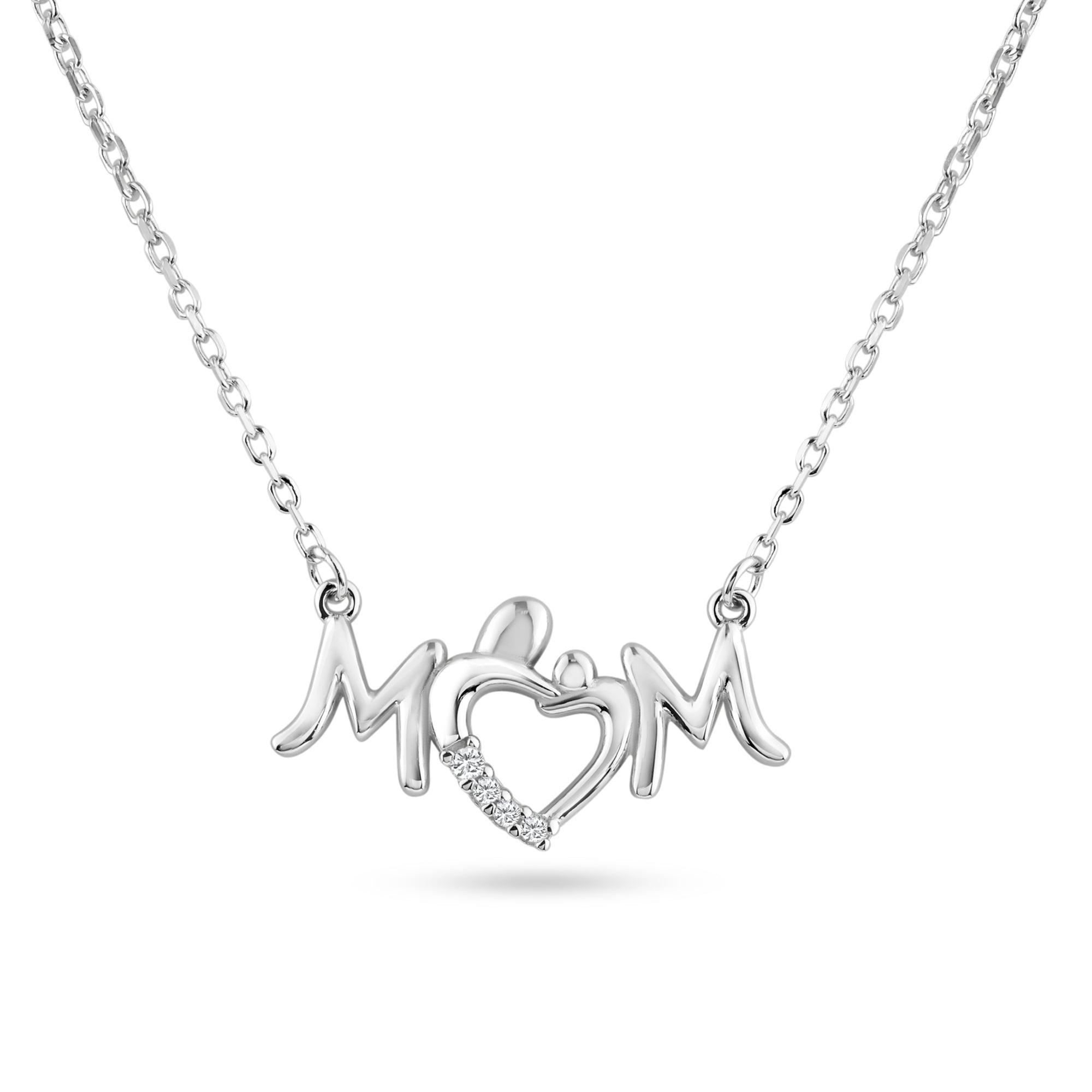 Rhodium Plated 925 Sterling Silver Mom Heart Clear CZ Pendant Necklace - BGP01460