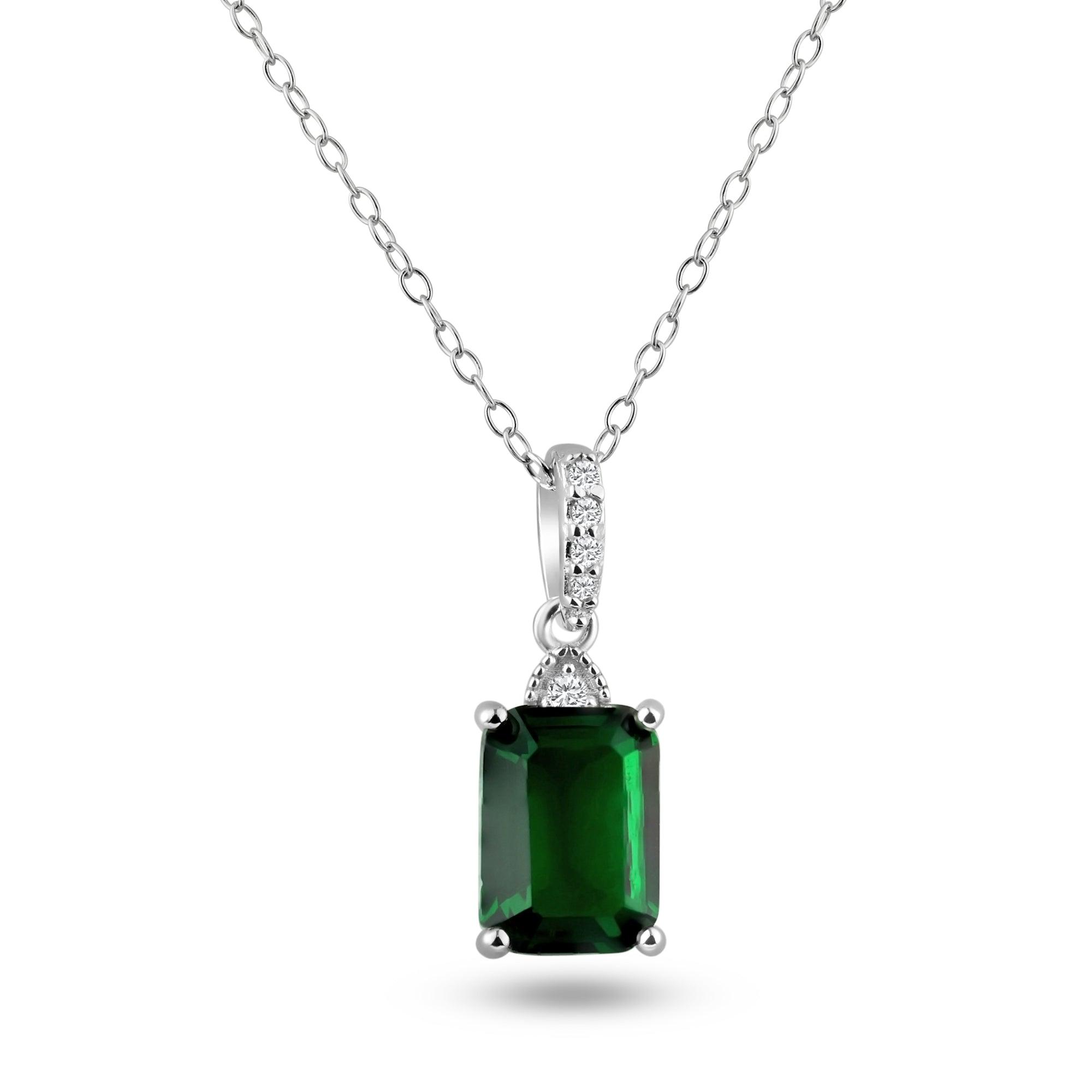 Rhodium Plated 925 Sterling Silver Green Rectangle CZ Pendant Necklace - BGP01462