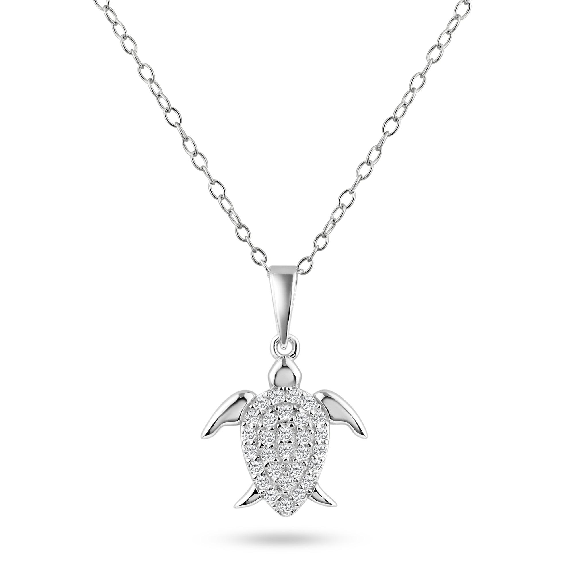 Rhodium Plated 925 Sterling Silver Turtle Clear CZ Pendant Necklace - BGP01464