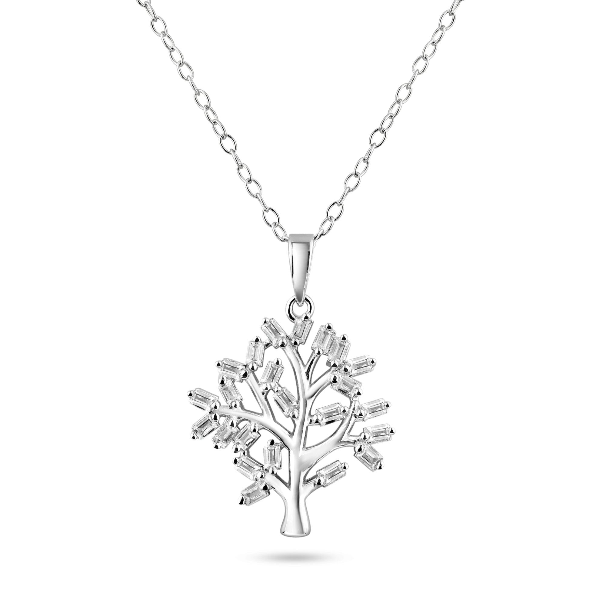 Rhodium Plated 925 Sterling Silver Tree of Life Clear CZ Baguette Pendant Necklace - BGP01467