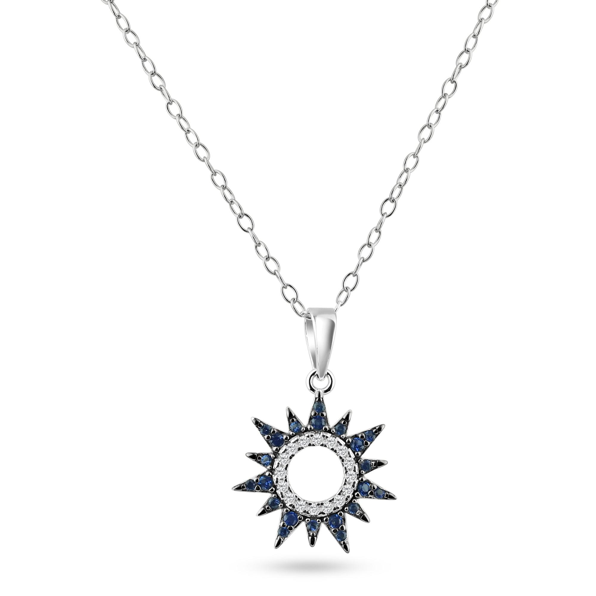 Rhodium Plated 925 Sterling Silver Sun Blue and Clear CZ Pendant Necklace - BGP01468