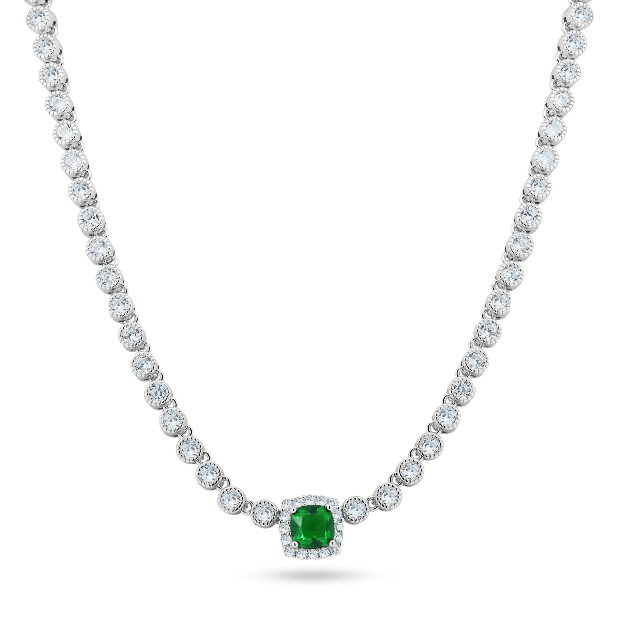 Rhodium Plated 925 Sterling Silver Bubble Tennis CZ Green Center Stone Necklace - BGP01469GRN