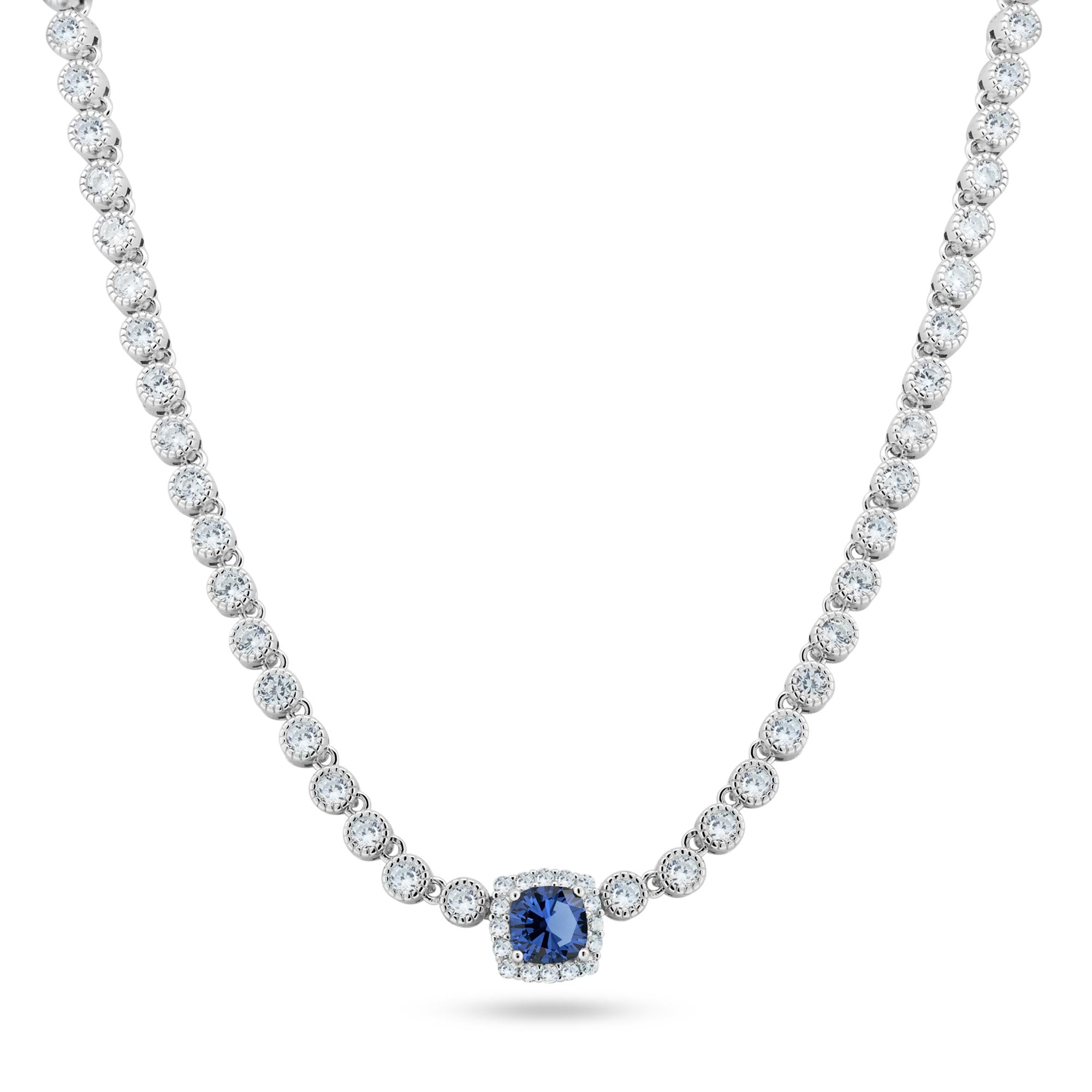 Rhodium Plated 925 Sterling Silver Bubble Tennis CZ Blue Center Stone Necklace - BGP01469BLU