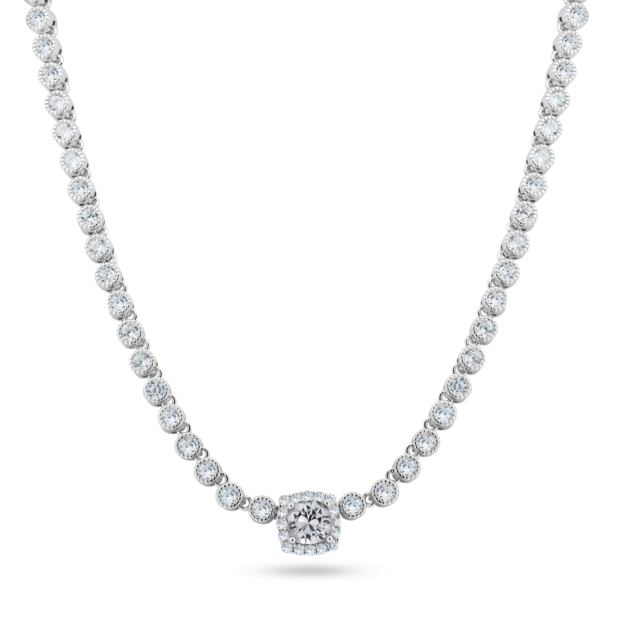 Rhodium Plated 925 Sterling Silver Bubble Tennis CZ Clear Center Stone Necklace - BGP01469CLR