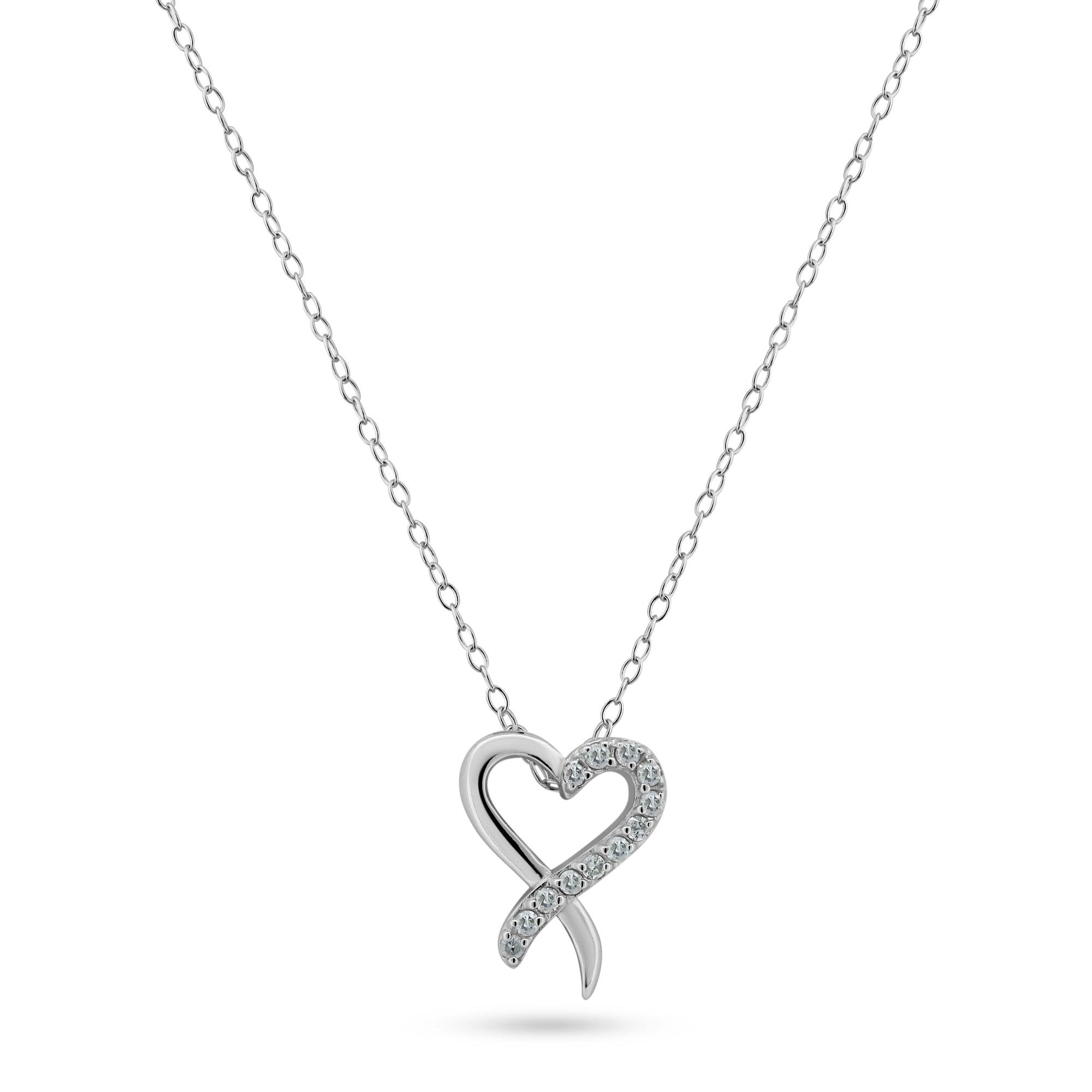 Rhodium Plated 925 Sterling Silver Open Overlapped Heart Diamond Necklaces - BGP01472