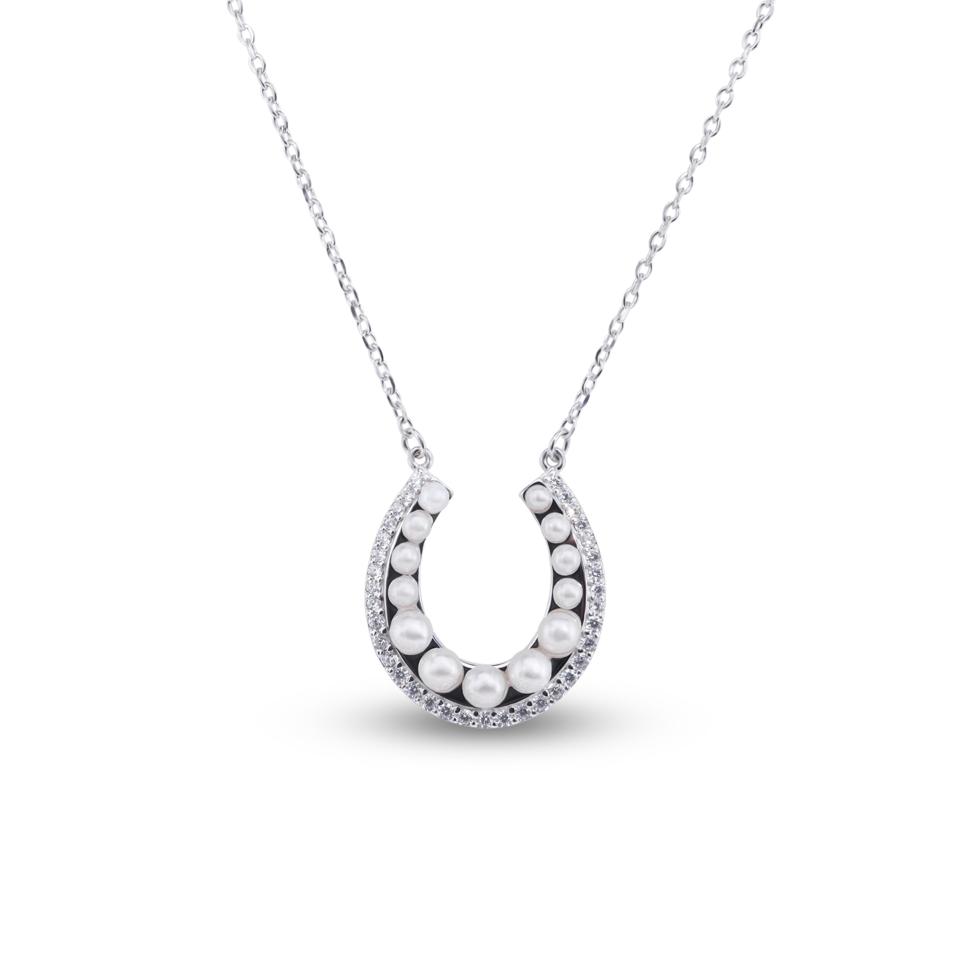 Rhodium Plated 925 Sterling Silver Horseshoe Pearl Clear CZ Necklace - BGP01487