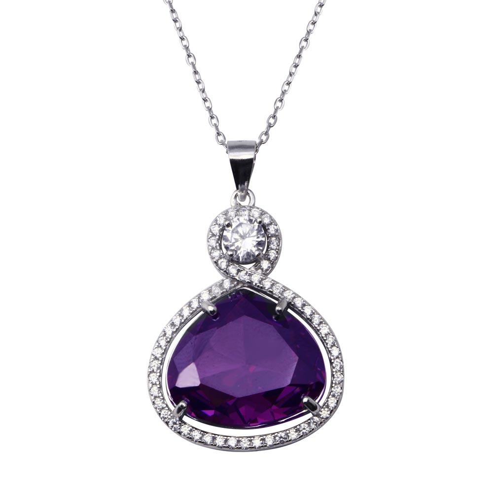 Rhodium Plated 925 Sterling Silver Wide Teardrop Amethyst Clear CZ Adjustable Necklace - BGP01447