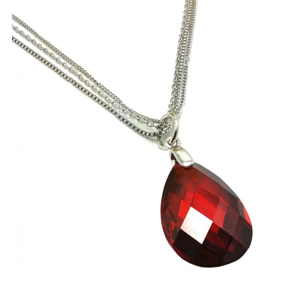 Silver 925 Rhodium Plated Red Teardrop CZ Wire Necklace - BGP00813