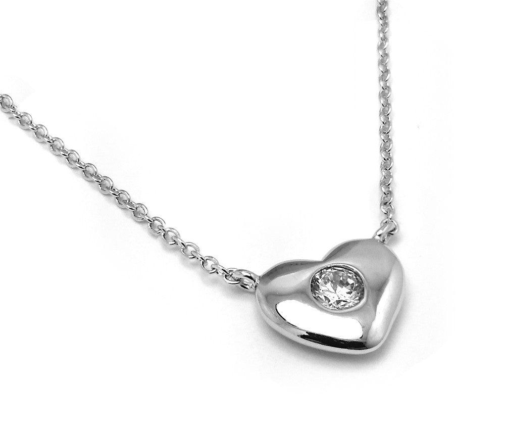 Silver 925 Rhodium Plated Solid Heart Pendant Necklace with CZ - BGP00946