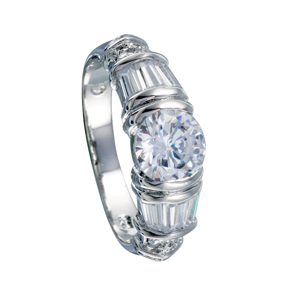 Rhodium Plated 925 Sterling Silver Clear Baguette Round CZ Ring - BGR00007