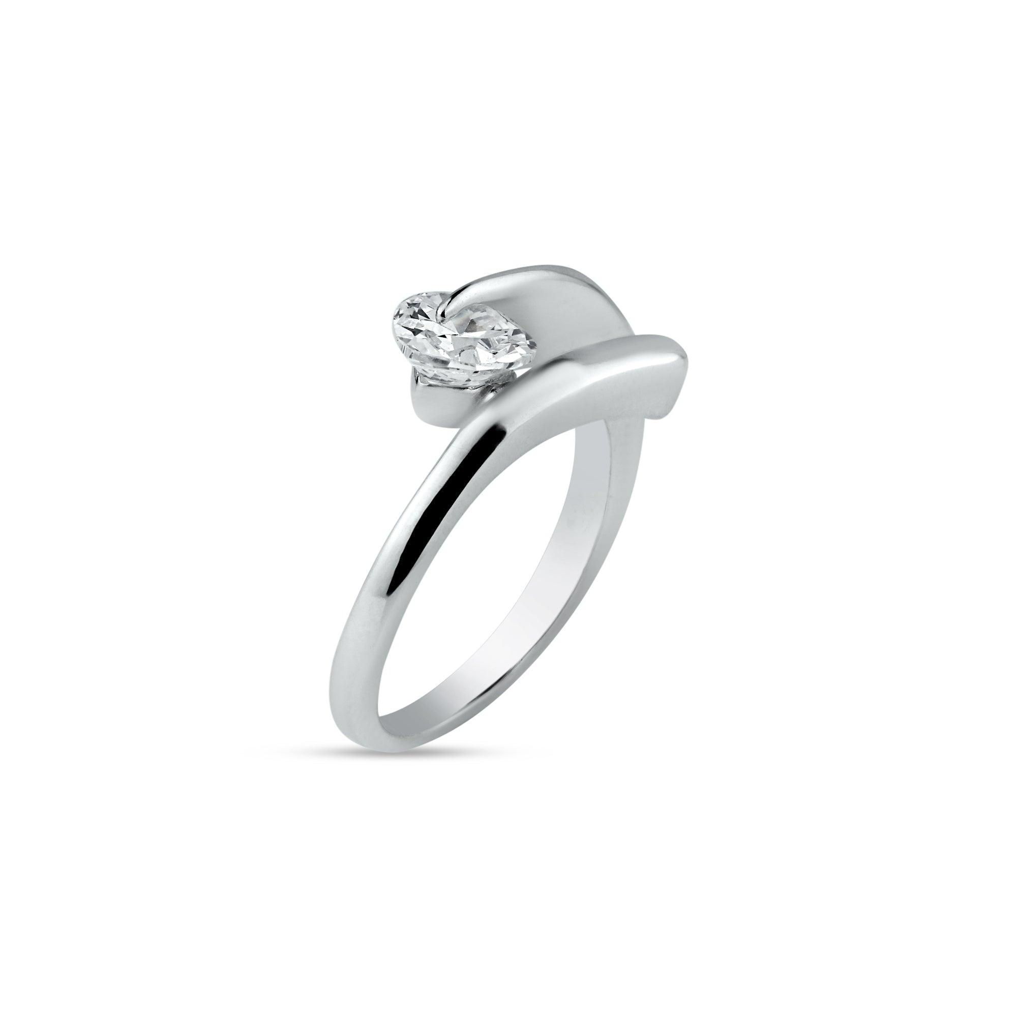 Silver 925 Rhodium Plated Overlapping Heart CZ Ring - BGR00018