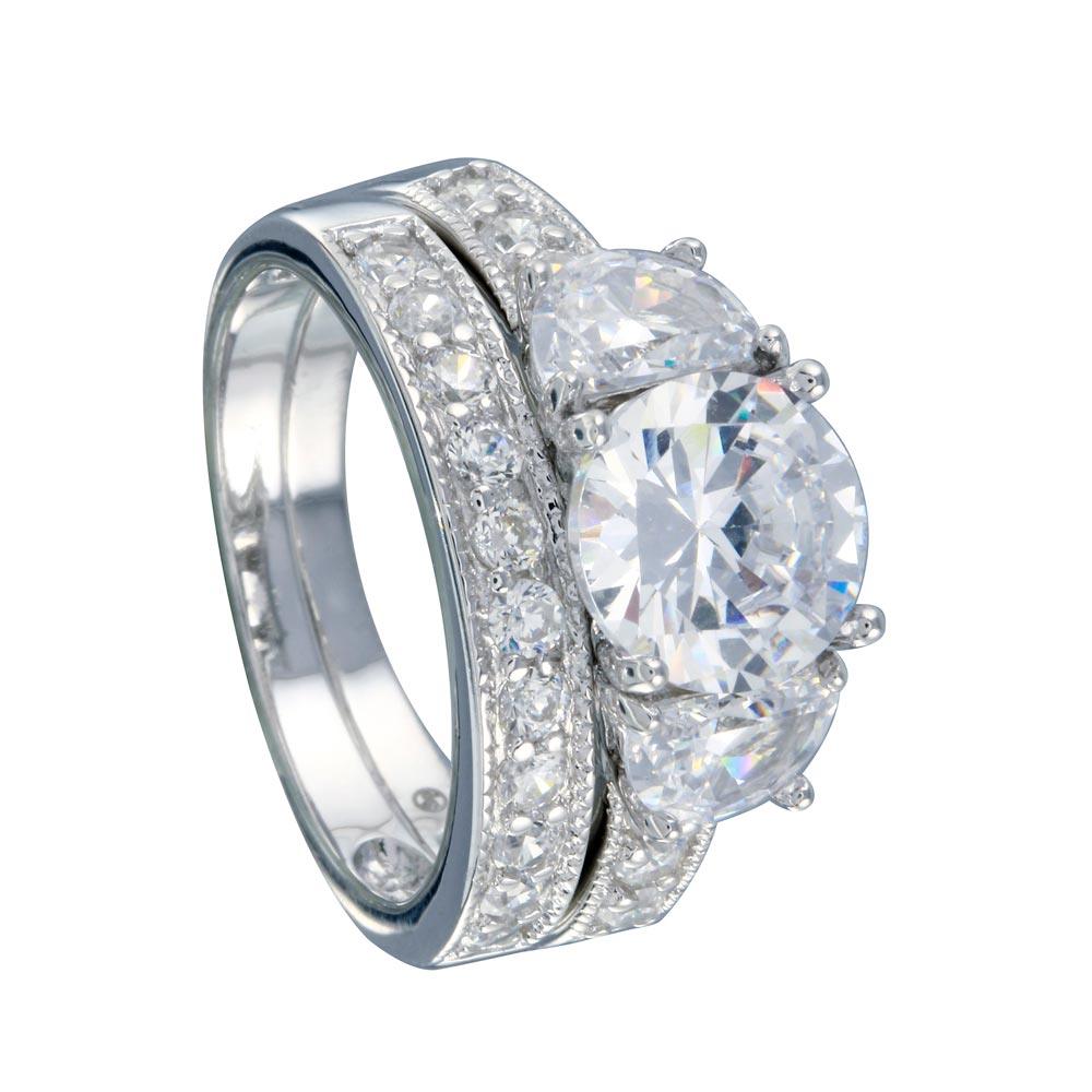 Rhodium Plated 925 Sterling Silver Clear Round Center CZ Bridal Ring Set - BGR00069