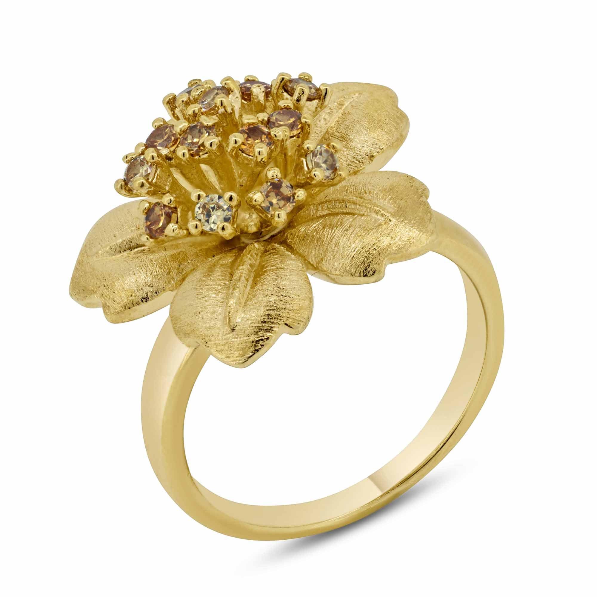 Closeout-Silver 925 Gold Plated Clear CZ Flower Ring - BGR00161