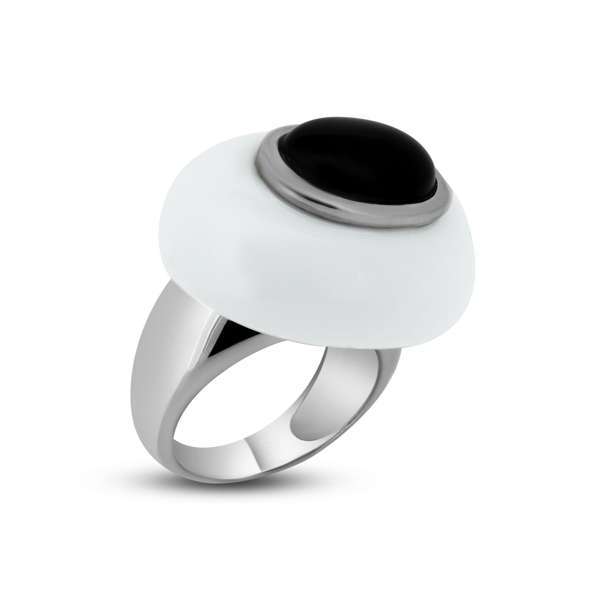 Closeout-Silver 925 Rhodium Plated White Enamel Onyx Dome Ring - BGR00169