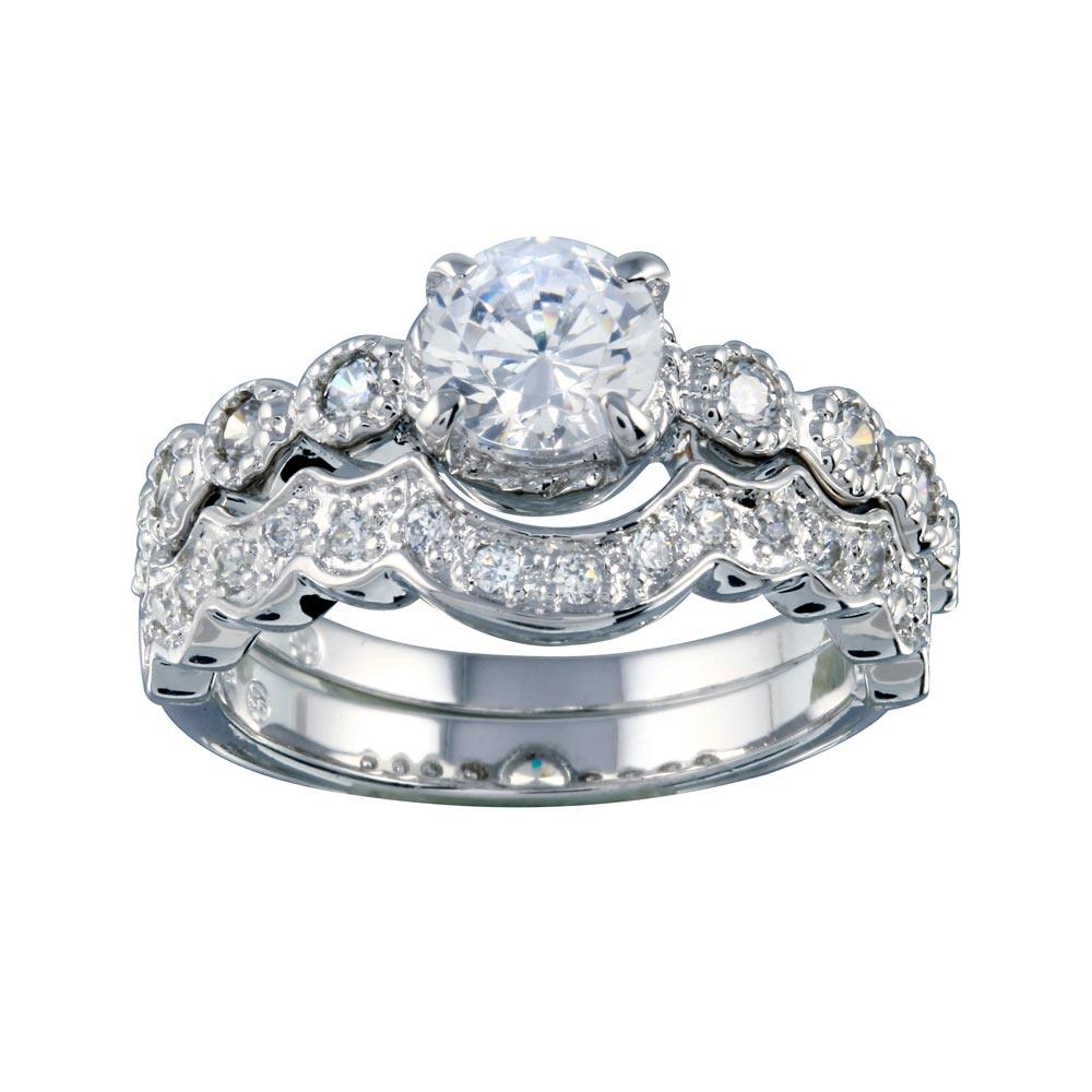 Rhodium Plated 925 Sterling Silver Clear Round Center CZ Bridal Ring Set - BGR00219