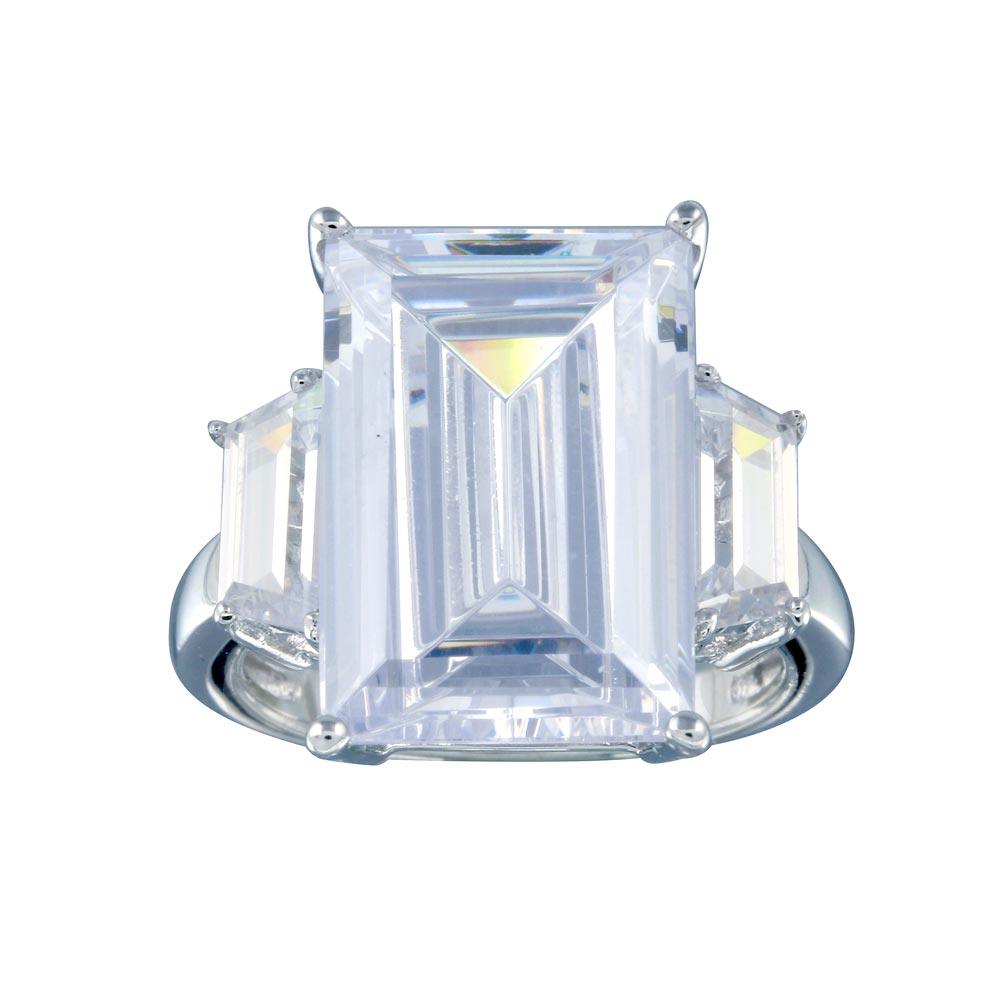 Rhodium Plated 925 Sterling Silver Clear Baguette and Rectangular Center CZ Bridal Ring - BGR00427