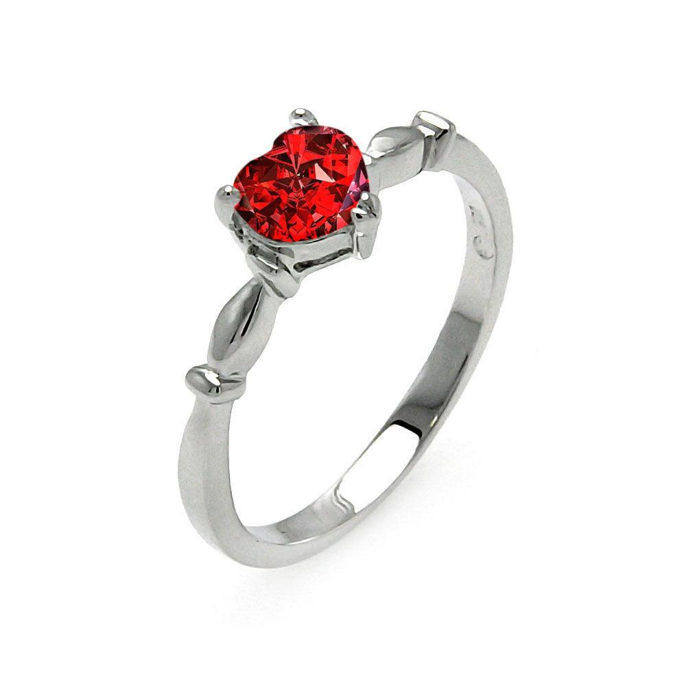 Rhodium Plated 925 Sterling Silver CZ Heart Red January Ring - BGR00521JAN