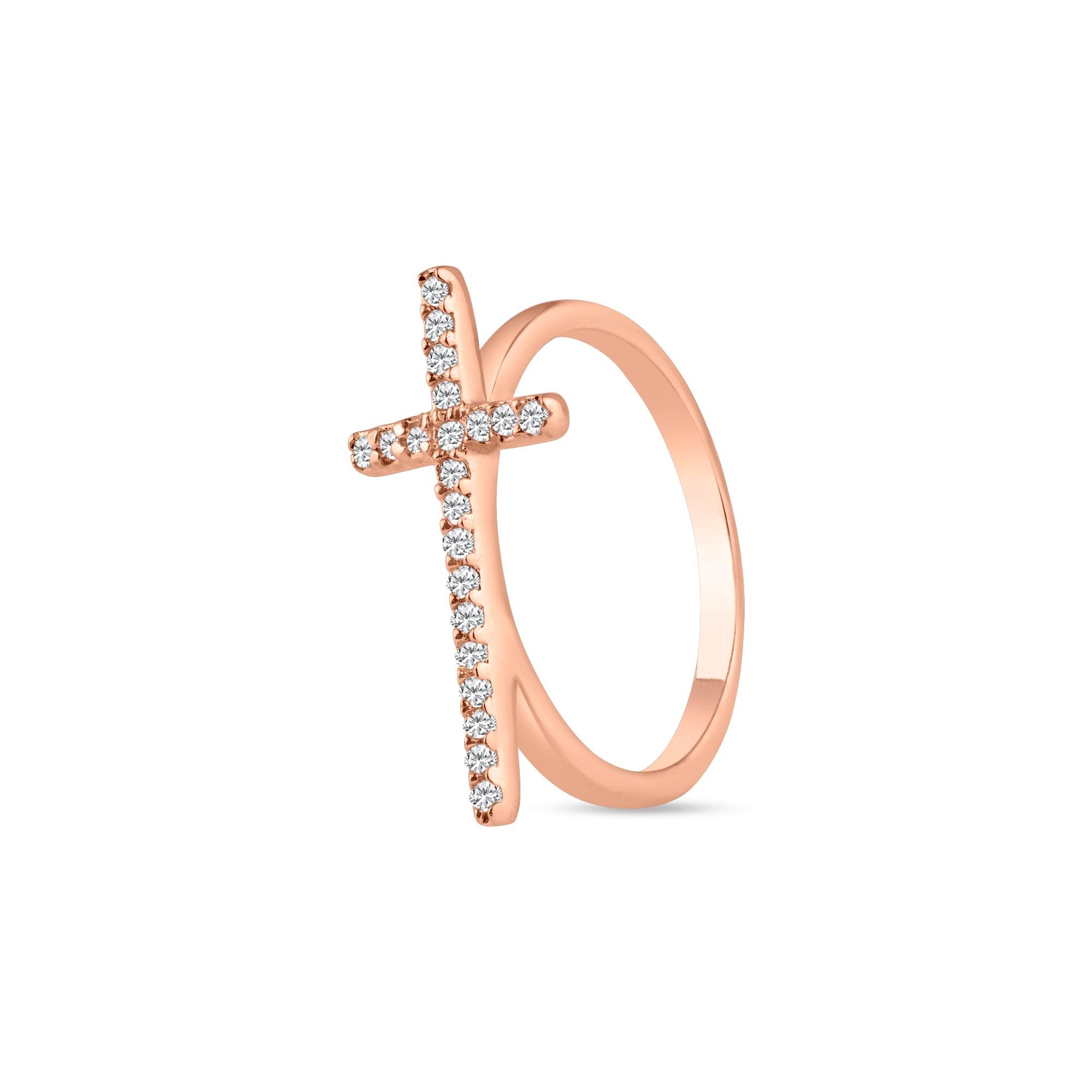 Silver 925 Rose Gold Plated Clear CZ Cross Ring - BGR00810RGP