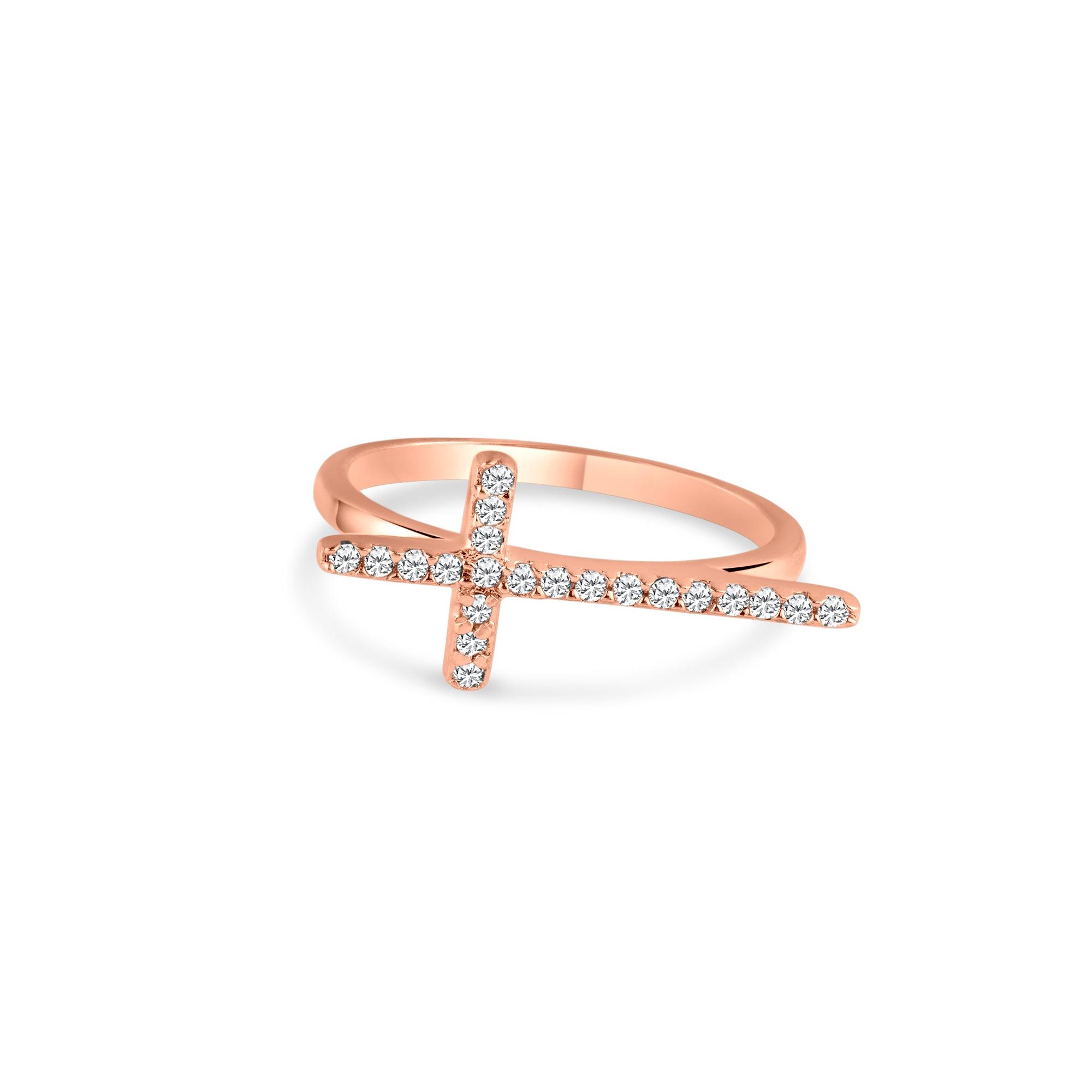 Silver 925 Rose Gold Plated Clear CZ Cross Ring - BGR00810RGP