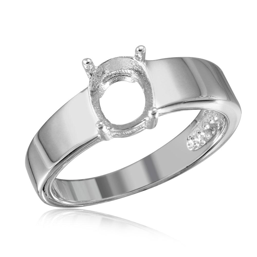 Silver 925 Rhodium Plated High Polished Band Slanted Single Stone Mounting Ring - BGR01017