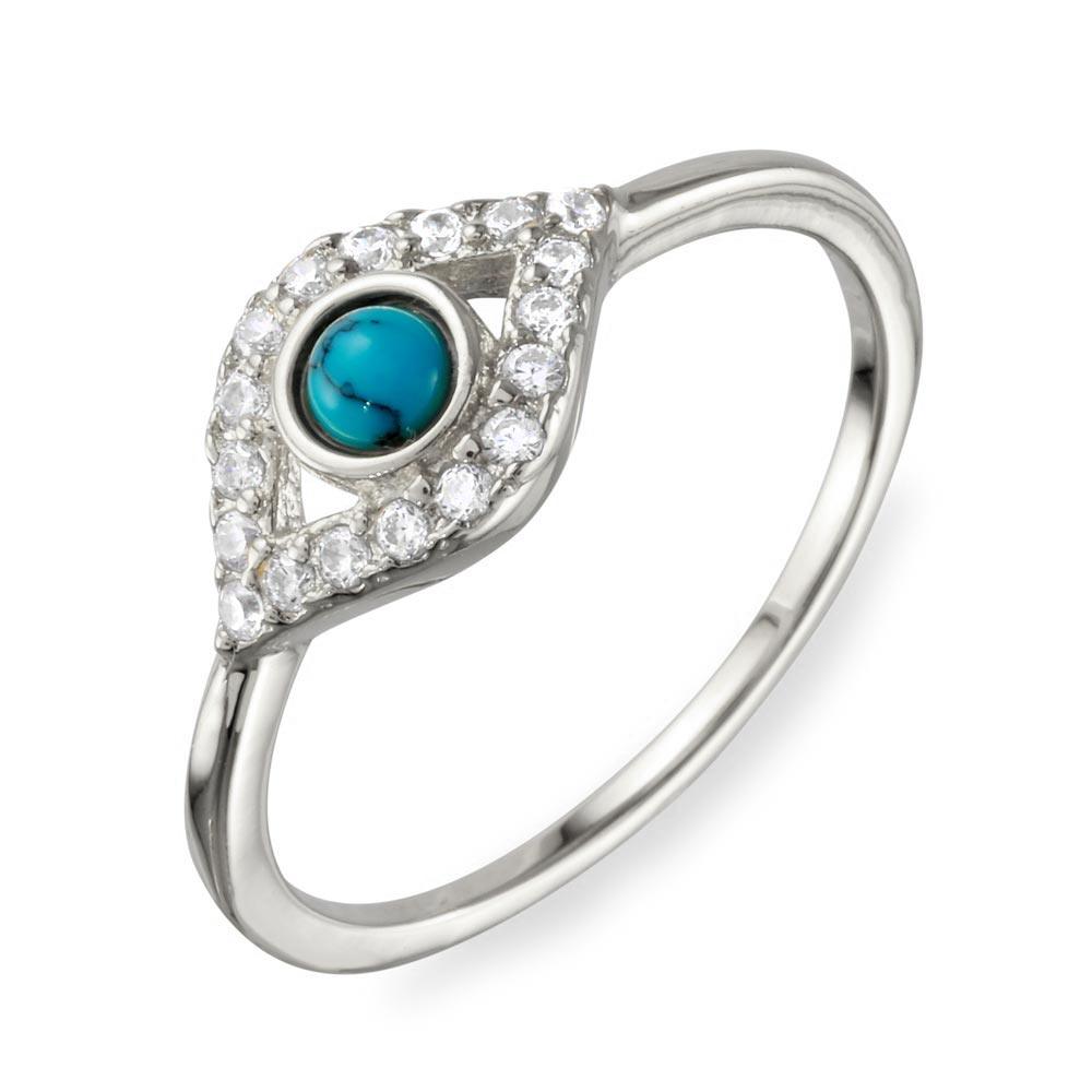 Rhodium Plated 925 Sterling Silver Evil Eye CZ Ring with Turquoise Bead - BGR01109RH