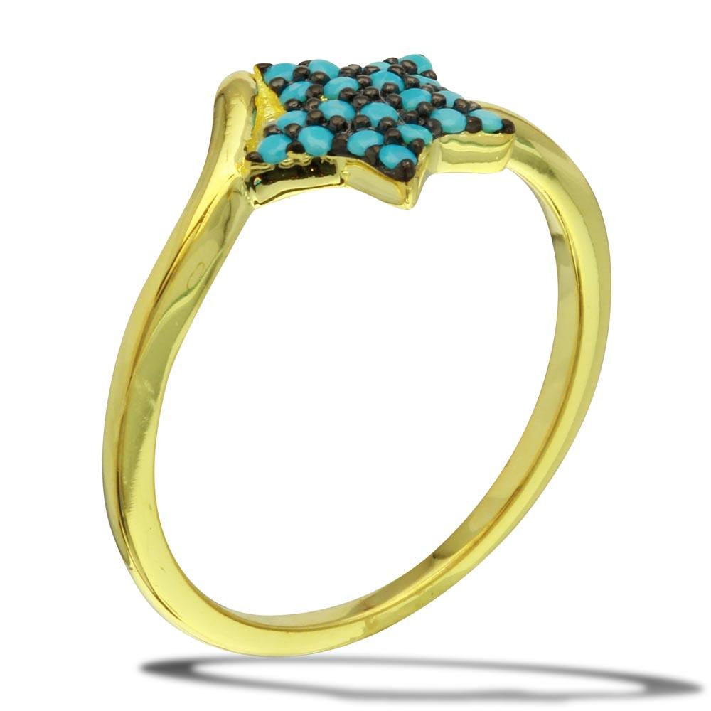Gold Plated 925 Sterling Silver Star Ring with Turquoise Beads - BGR01115