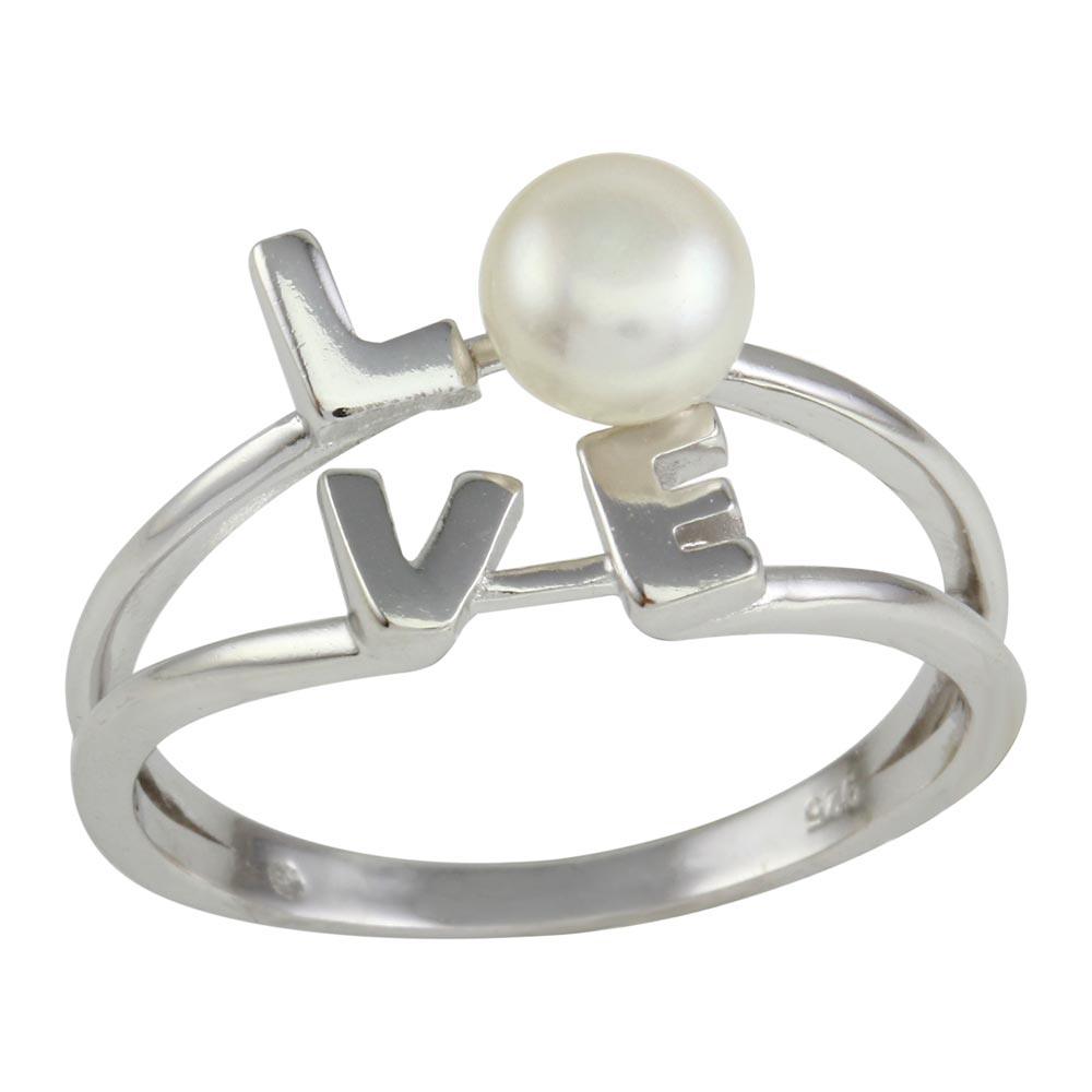 Rhodium Plated 925 Sterling Silver Love Word Ring with Synthetic Pearl - BGR01136