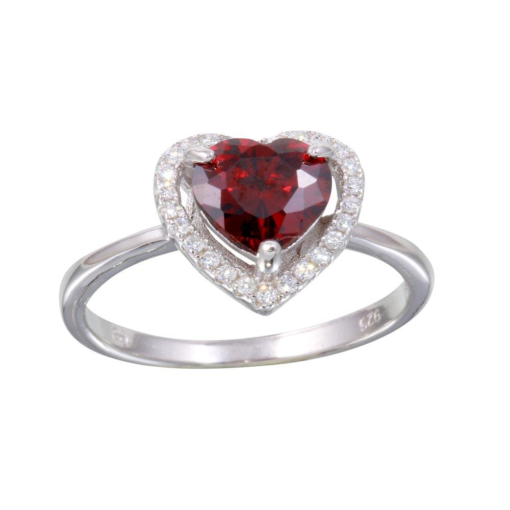 Rhodium Plated 925 Sterling Silver Red Halo Heart Ring - BGR01139RED