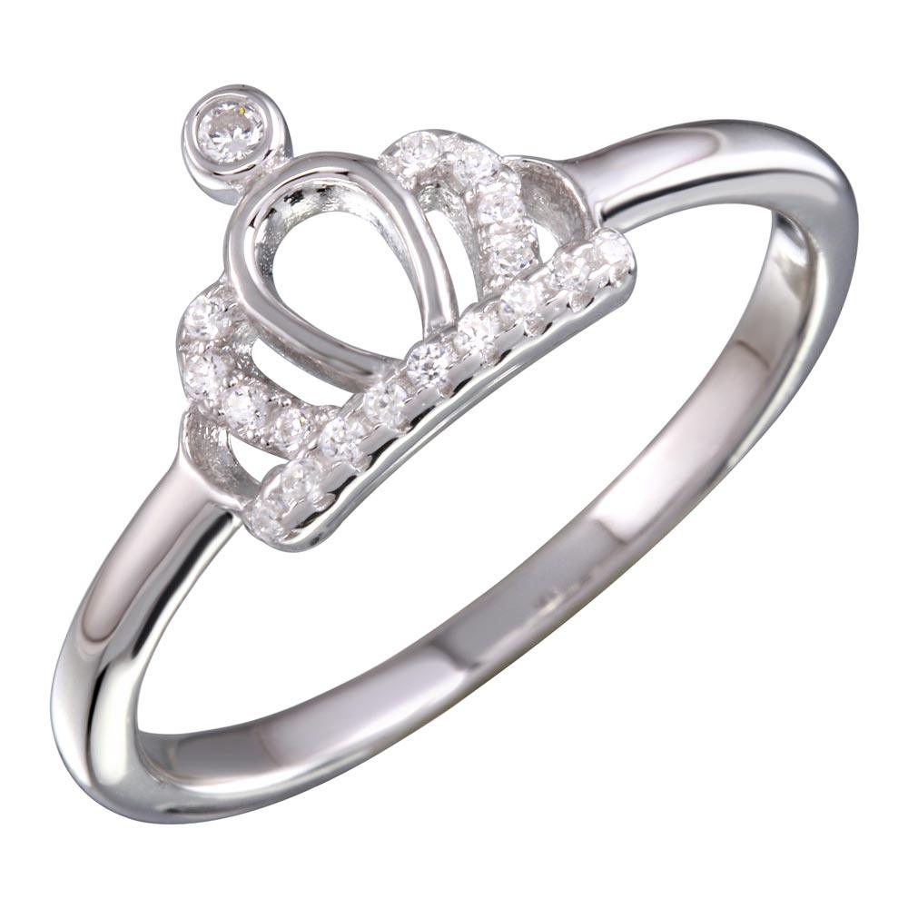 Rhodium Plated 925 Sterling Silver Crown Ring with CZ - BGR01158