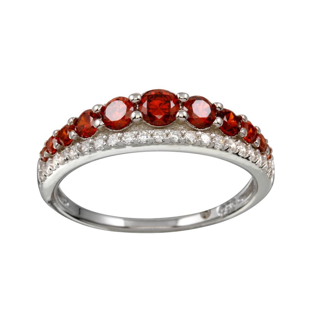 Rhodium Plated 925 Sterling Silver Red and Clear CZ Stones Ring - BGR01175RED