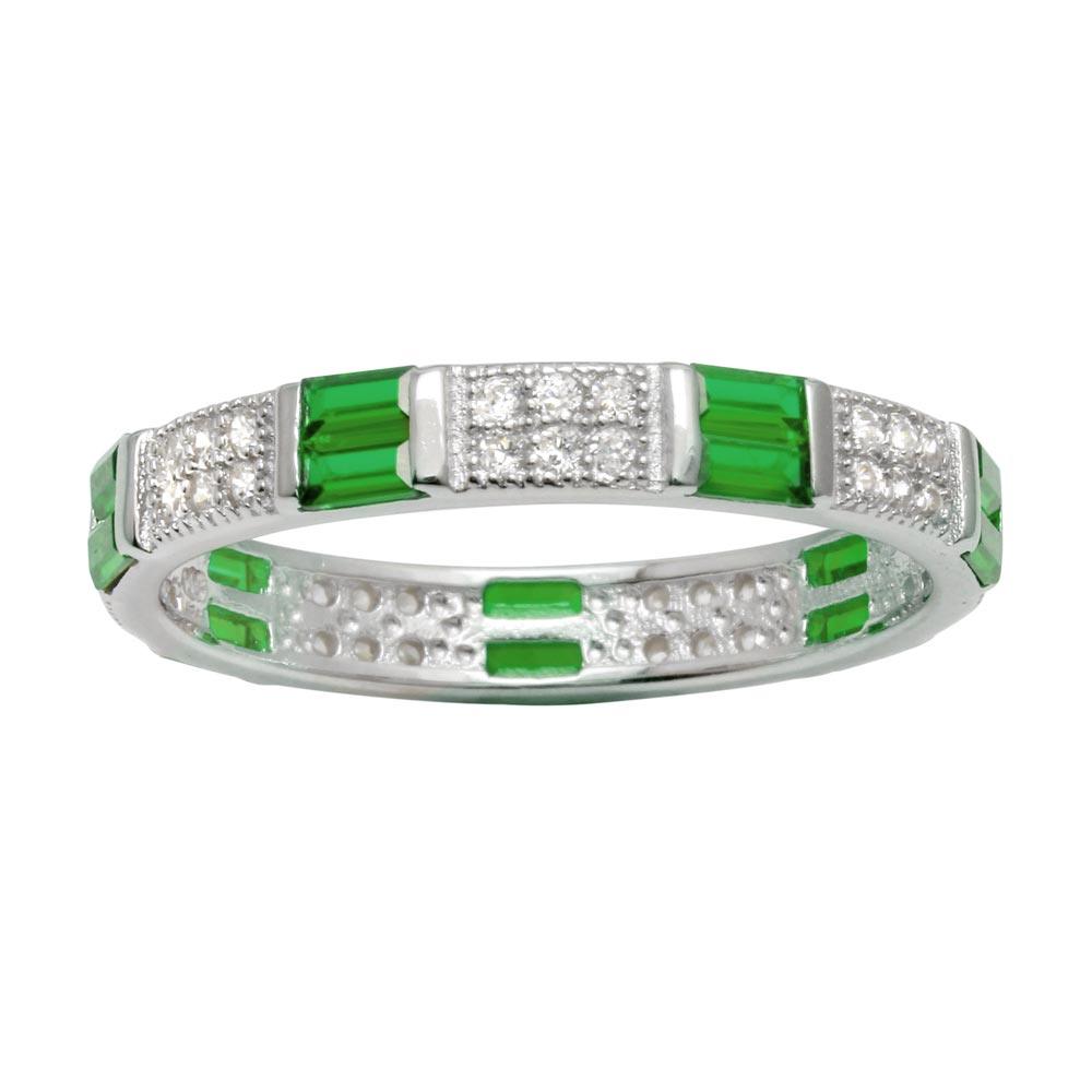 Rhodium Plated 925 Sterling Silver Pattern Eternity Ring with Green and Clear CZ - BGR01177GRN