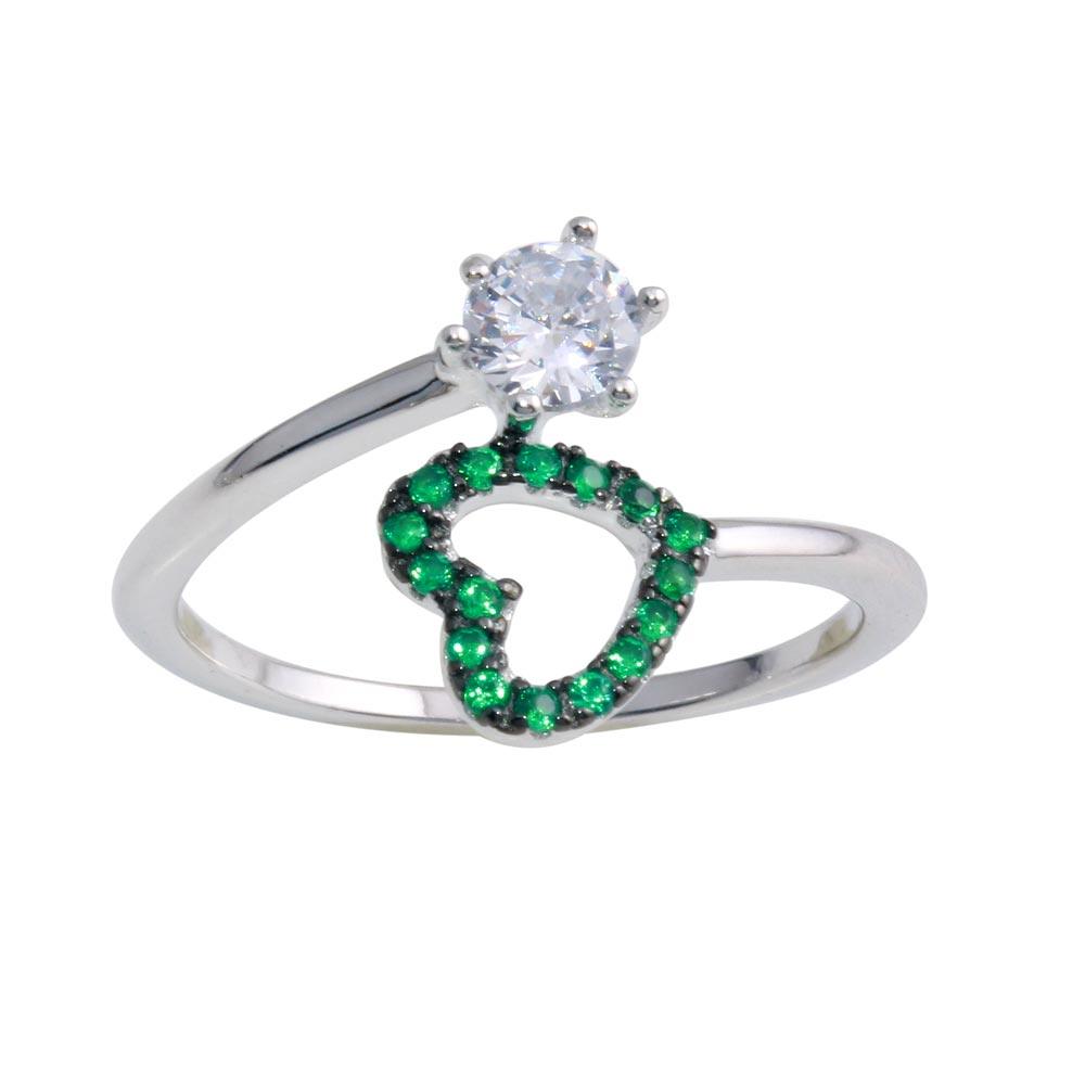 Rhodium Plated 925 Sterling Silver Open Heart Ring with Green and Clear CZ - BGR01221GRN