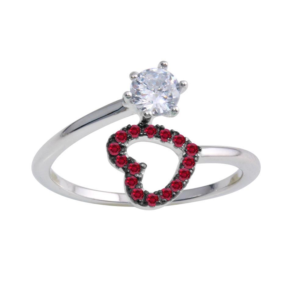 Rhodium Plated 925 Sterling Silver Open Heart Ring with Red and Clear CZ - BGR01221RED