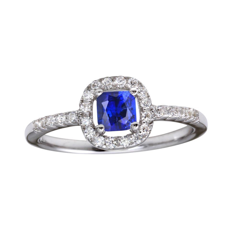 Rhodium Plated 925 Sterling Silver Square Clear and Blue CZ Center Stone Ring - BGR01222BLU