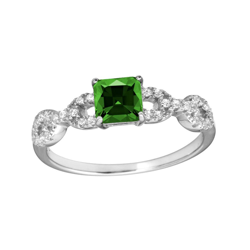 Rhodium Plated 925 Sterling Silver Square Green CZ Center Stone Chain Design Shank Ring - BGR01225GRN